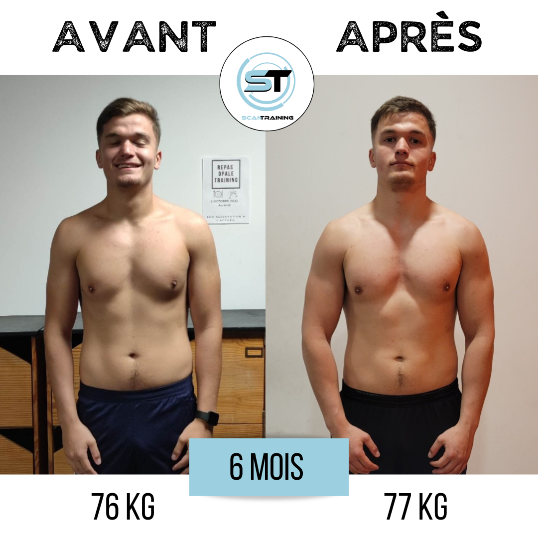 Avant et après une transformation physique en 6 mois, un jeune homme songe à une perte de 76 kg à 77 kg, avec une différence visuelle notable dans la composition corporelle.
