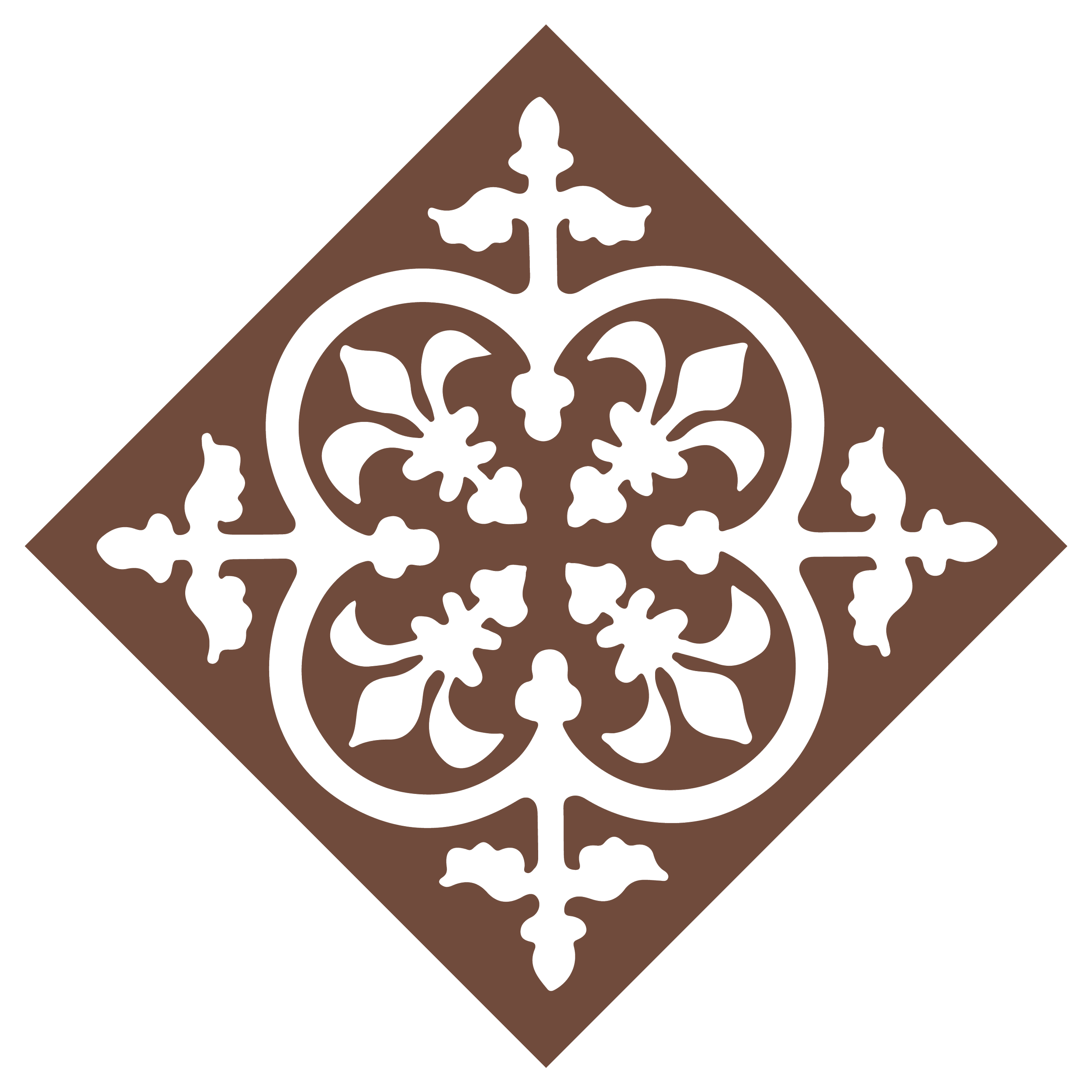Decorative brown and black ornate floral pattern on a diamond-shaped background.