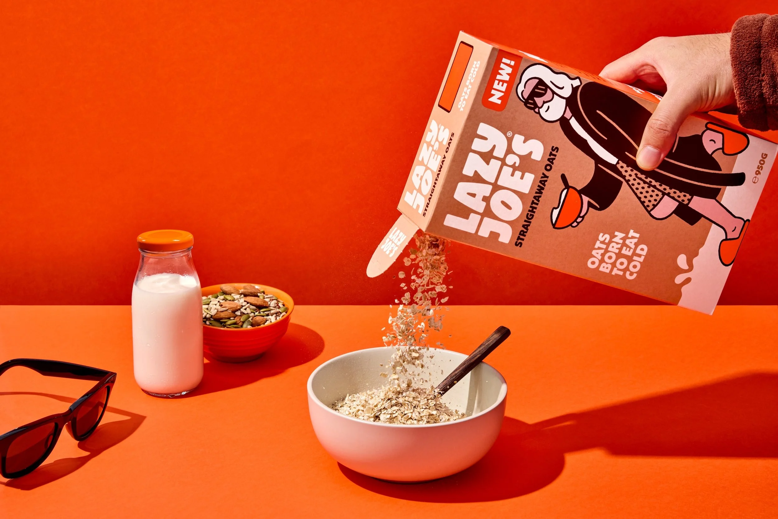 Pouring Lazy Joe's StraightAway oats
