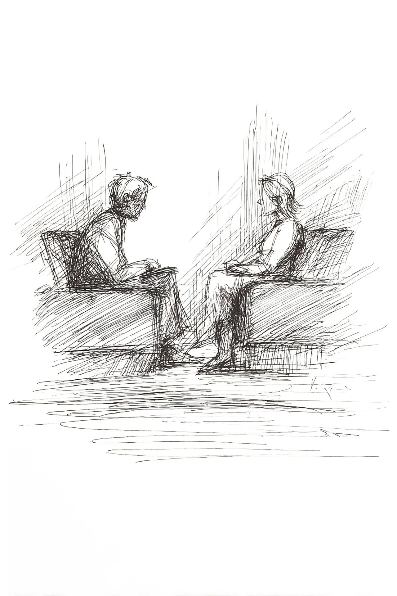 A sketch of two people sitting on a bench, facing each other, with one person reading a book.