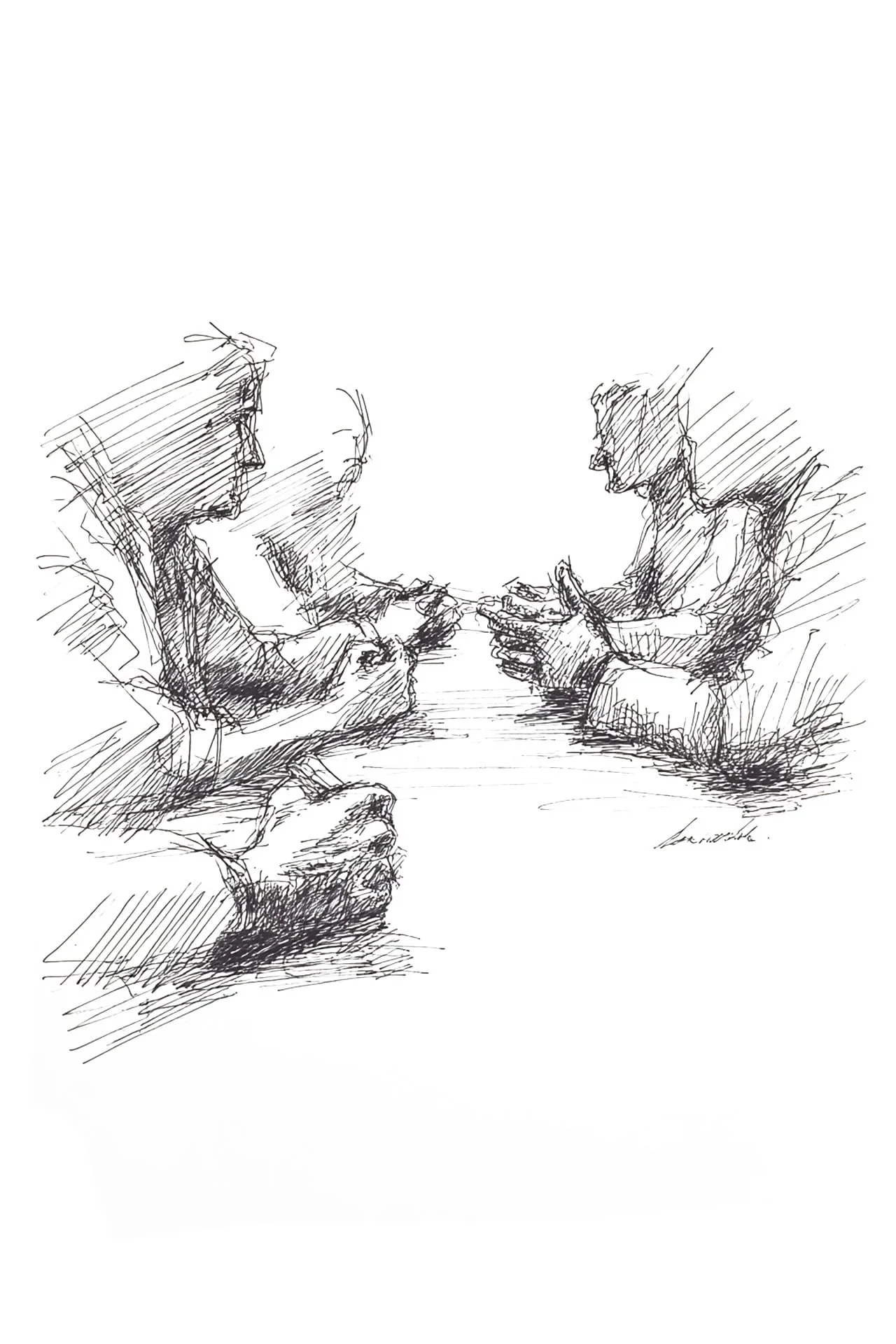 Black and white sketch of two women sitting at a table, engaged in a conversation, with one woman holding a pen and the other gesturing with her hands.