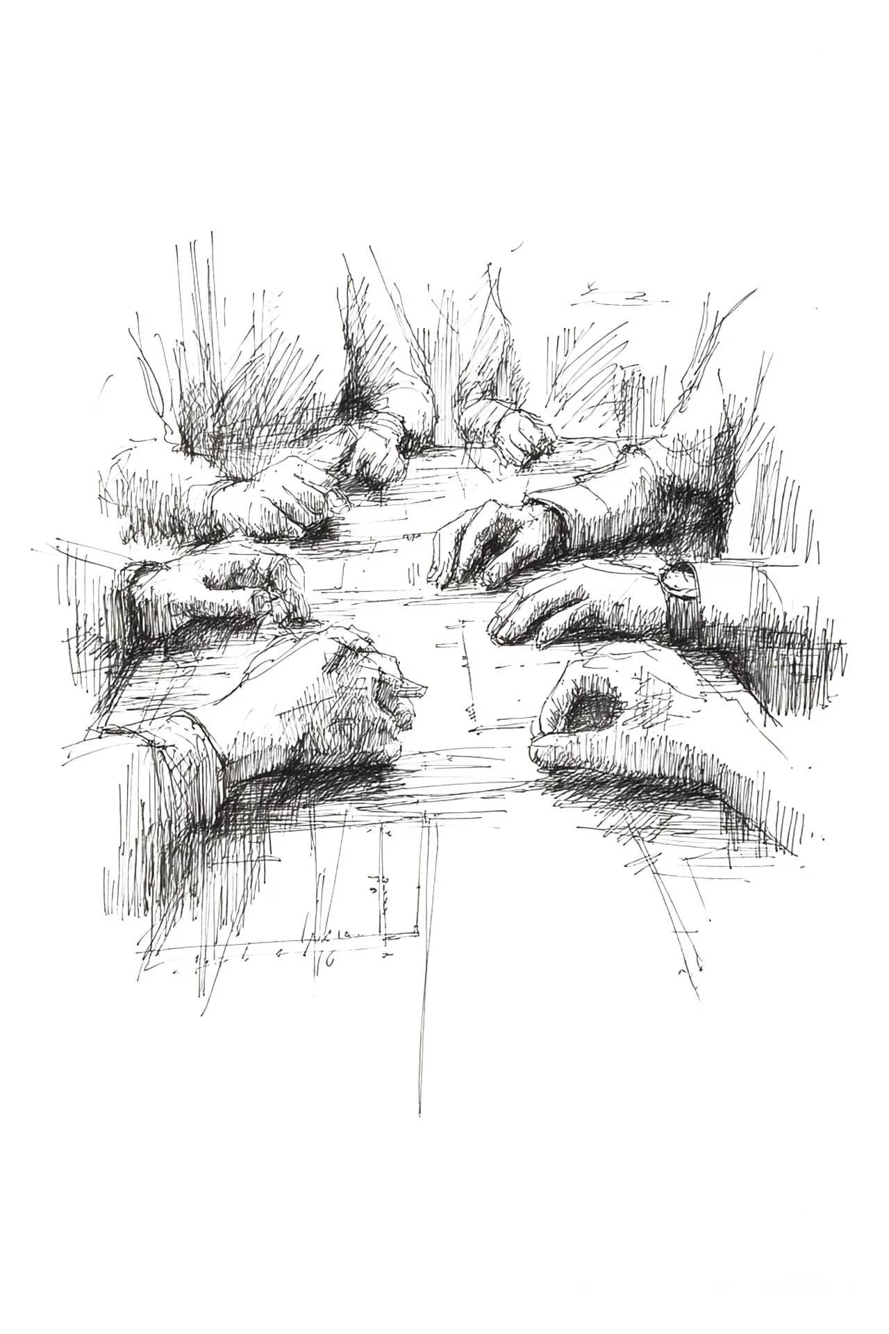Sketch of several hands with watches resting on a table with geometric measurements and pencils around.