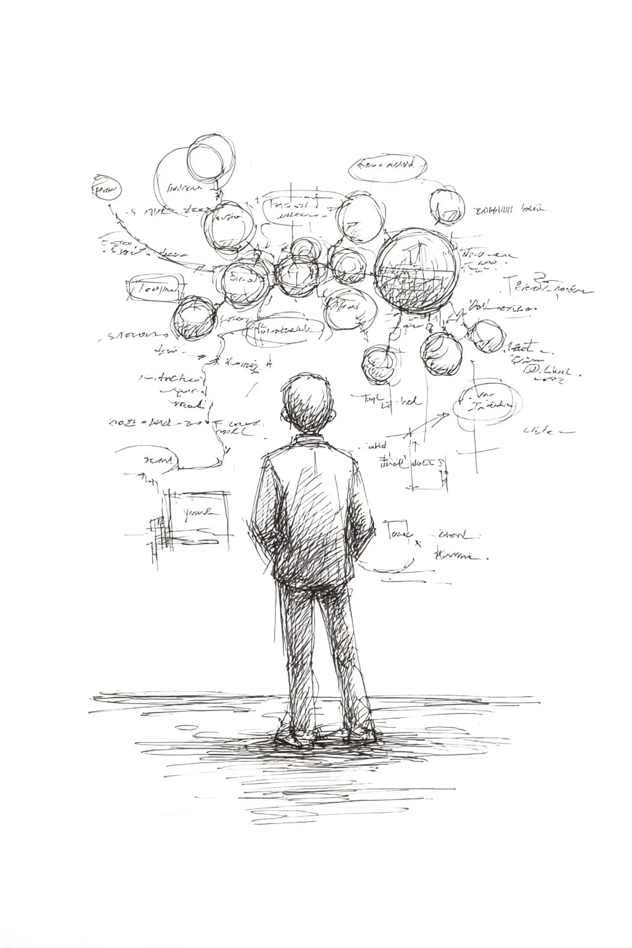 A man in a suit stands facing a large, detailed diagram or sketch filled with handwritten notes and labeled circles, possibly a mind map or conceptual plan.