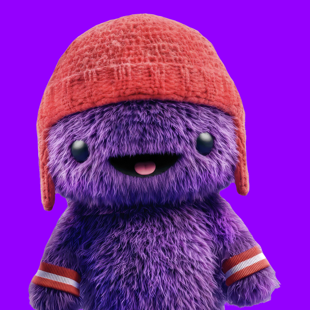 A purple furry character wearing an orange hat and matching striped wristbands, smiling with a pink tongue showing, against a purple background.