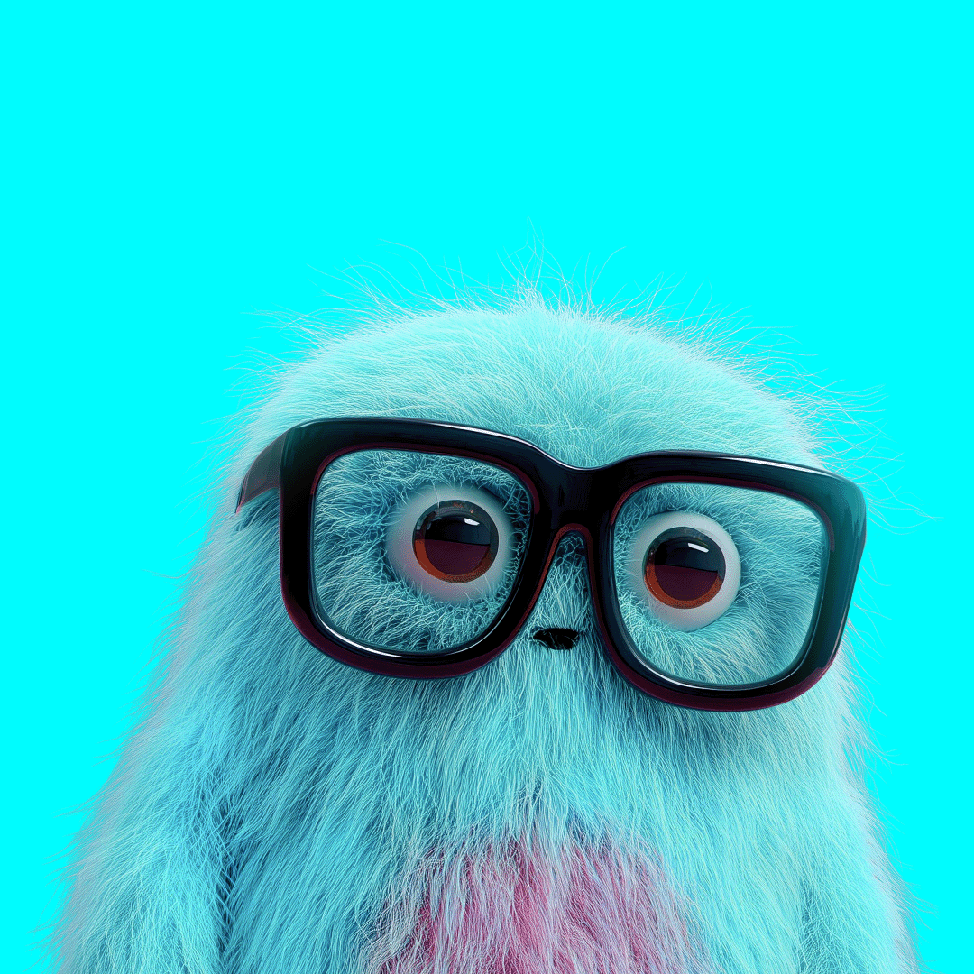 Cute furry puppet creature with large eyes wearing black glasses against a blue background.