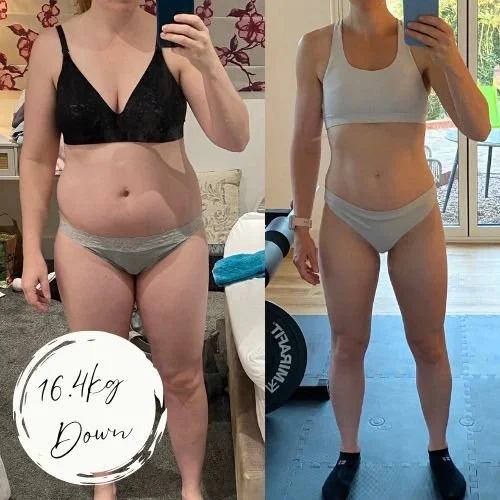 Mum in underwear showing before and after results of workout program