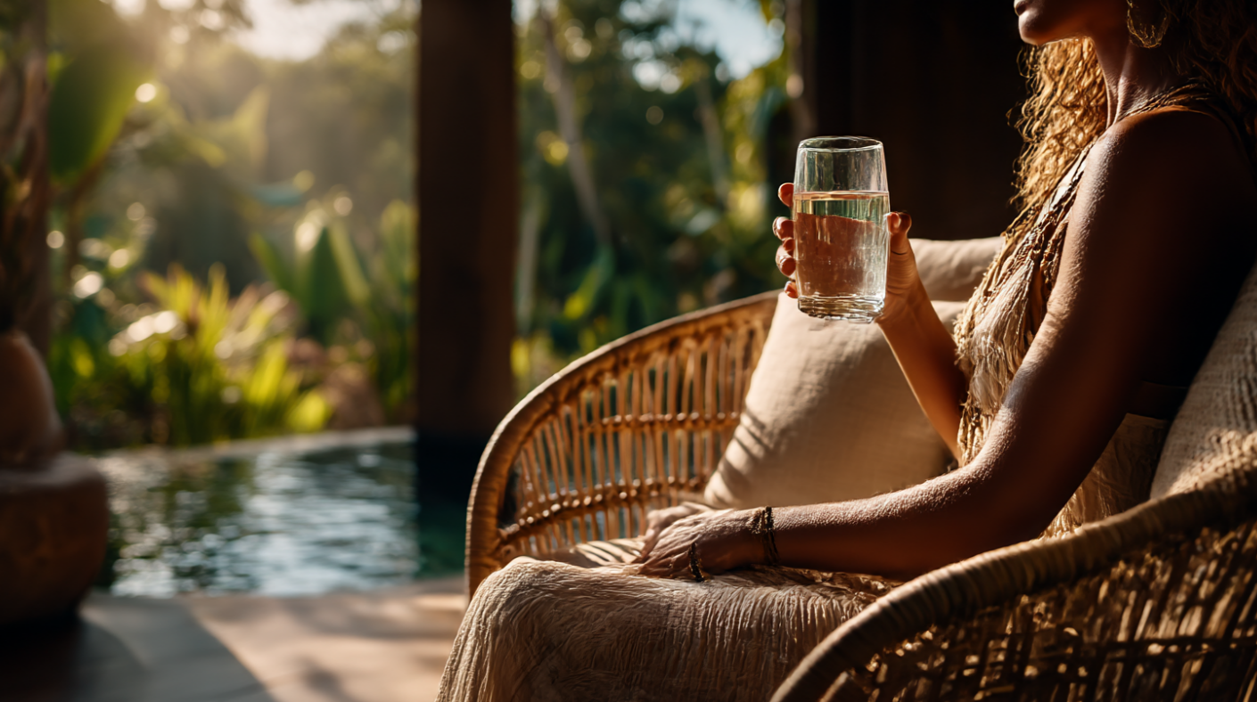 Vrouw zit op een rieten stoel met een glas water in haar hand na een coachingsessie.