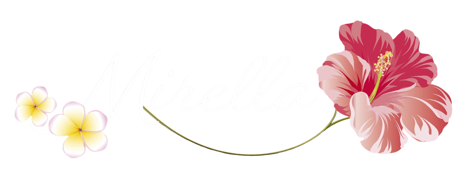 Decorative graphic with the name 'Mirella' in cursive font, surrounded by pink hibiscus and white plumeria flowers.