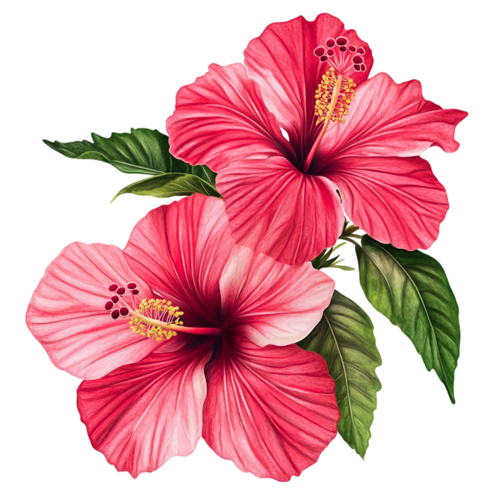 Two pink hibiscus flowers with green leaves.