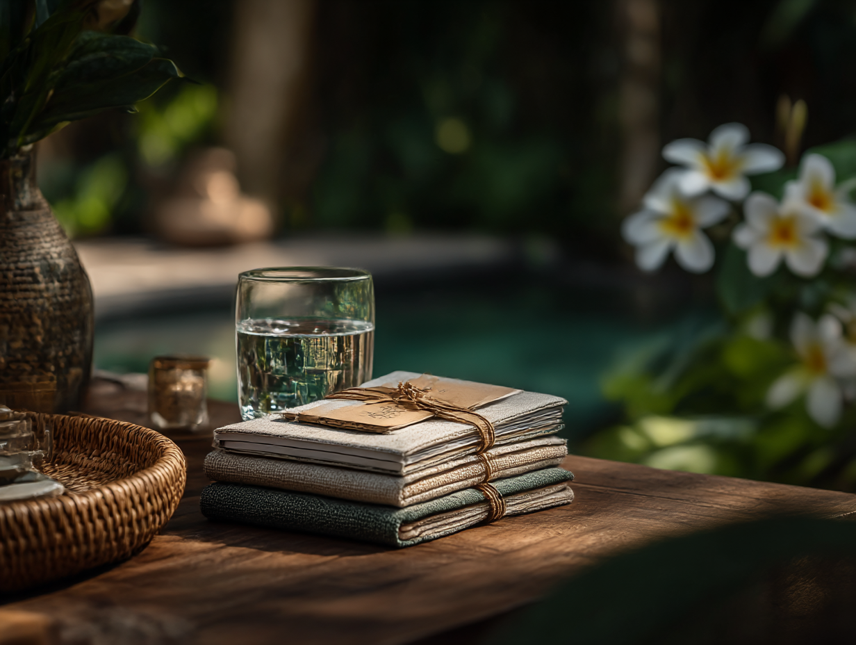 glas water, notitieboekjes, in een nei praktijk in Balinese sfeer in Dordrecht