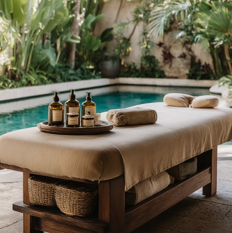Massagetafel in balinese sfeer bij een zwembad ter ontspanning