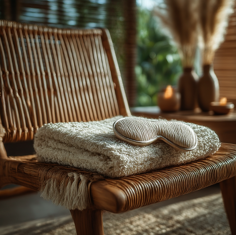 oogmasker op een rieten stoel in nei praktijk