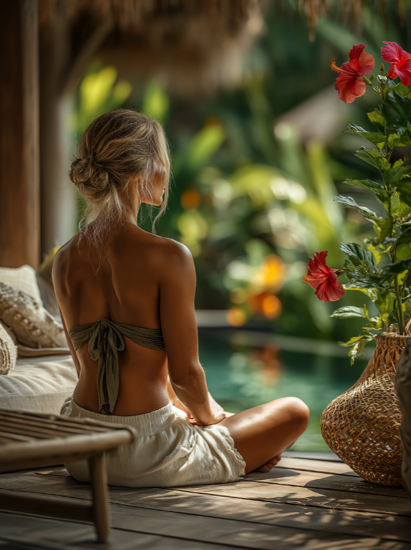 Vrouw mediteert bij een zwembad na haar massagesessie in een rustgevende omgeving