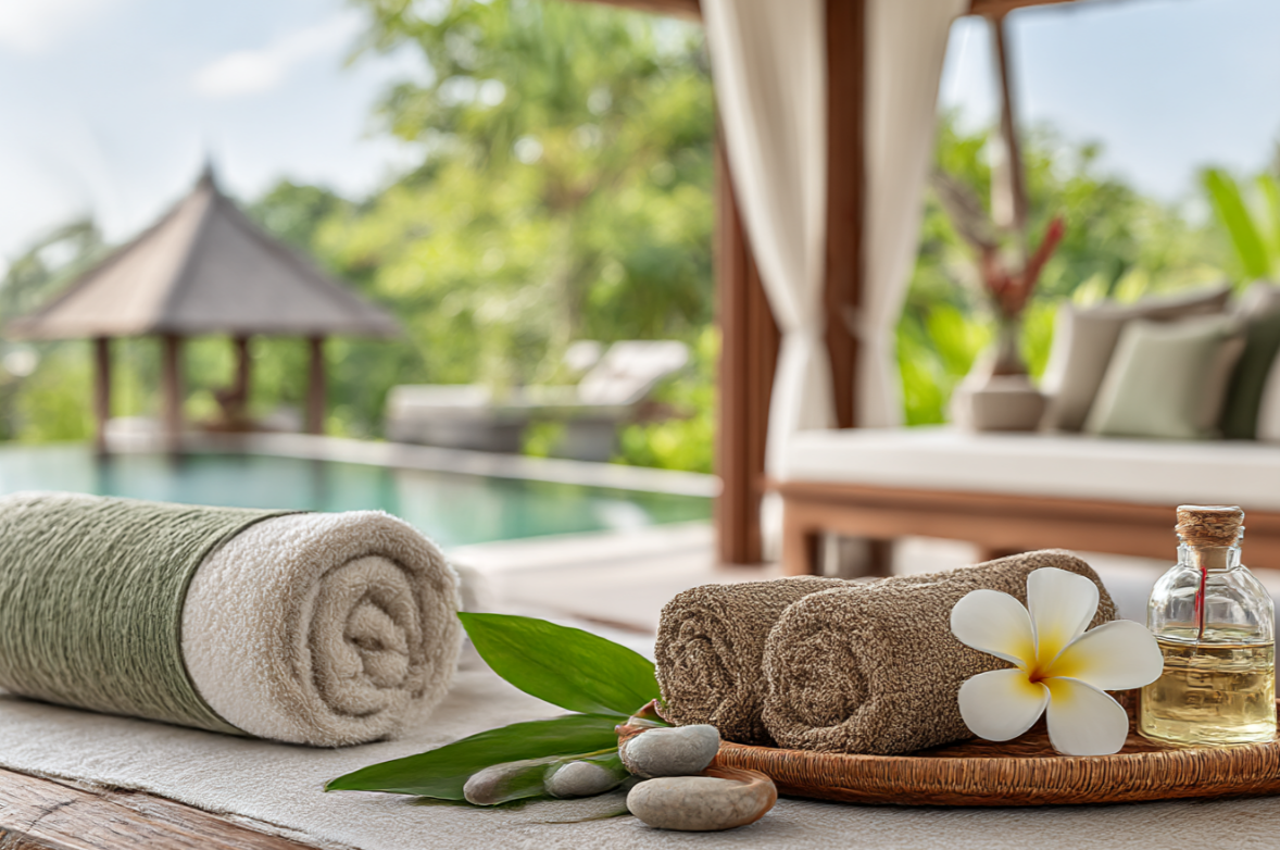 Een spa-opstelling met opgerolde handdoeken, een bloem, gladde stenen en een klein flesje olie op een houten oppervlak, met op de achtergrond een buitenzwembad.