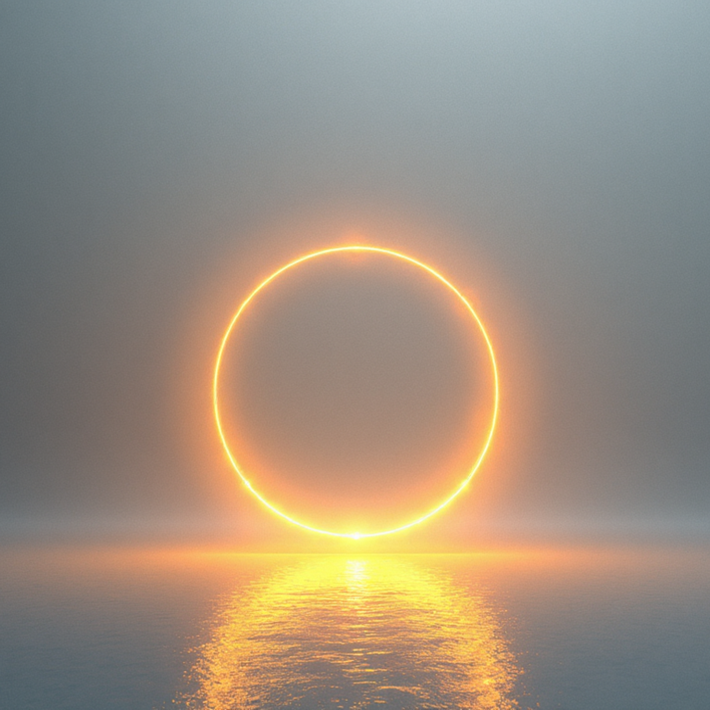 Ein leuchtender Sonnenring über Wasser mit Reflexion wie ein Zielkreis zeigt den spitzen Fokus