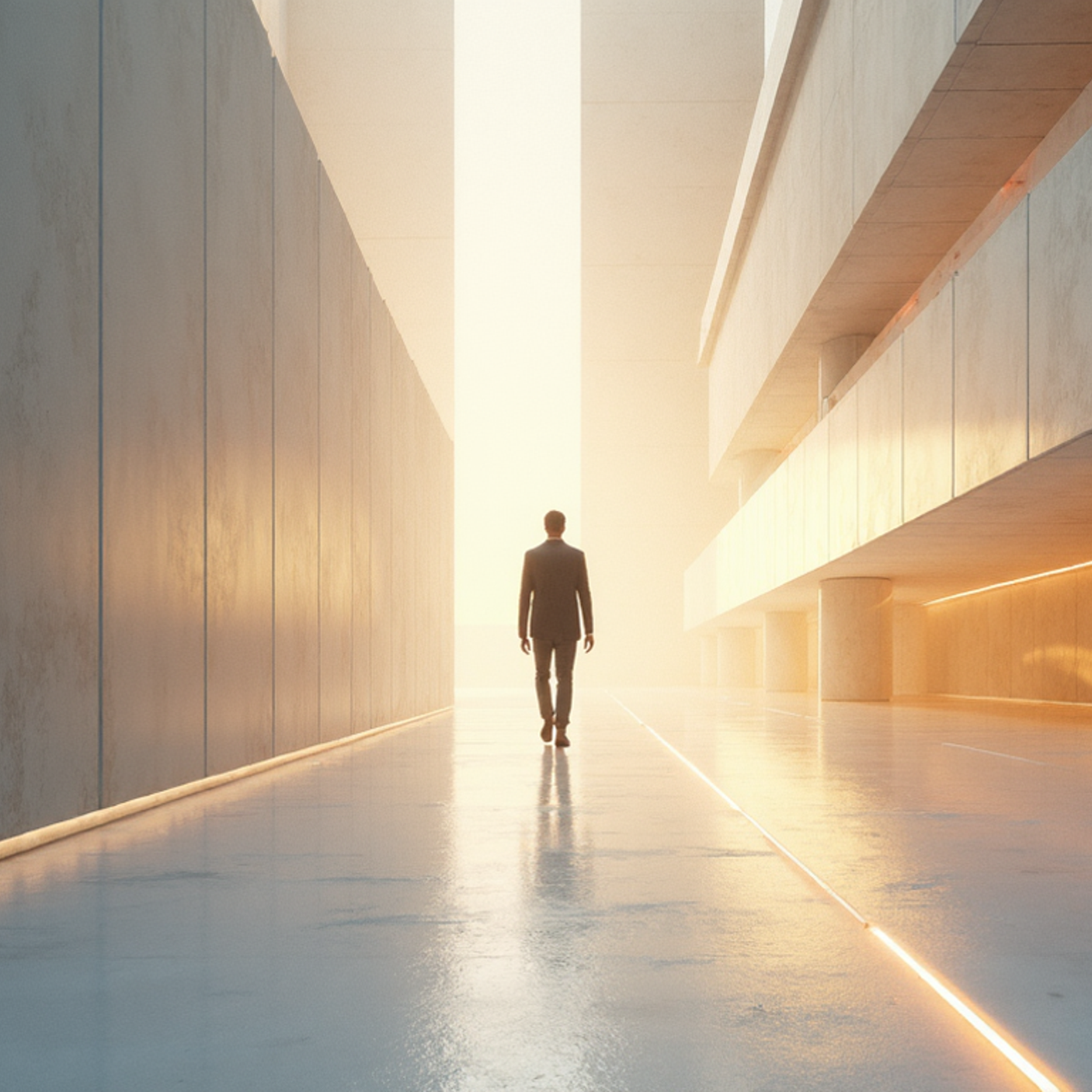 Ein Mann in Anzug geht durch einen modernen, hell erleuchteten Flur mit hohen Wänden aus Metall und Stein, im Hintergrund ein helles Licht. es symbolisier Strategische Ausrichtung und Führung