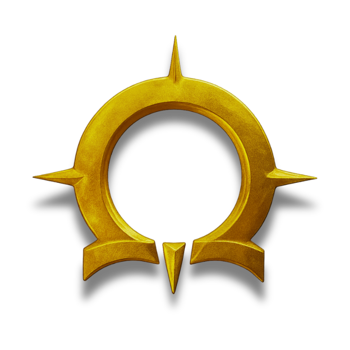 Ein goldener, markanter Kreis mit vier nach außen gerichteten spitzen Elementen,wie ein Kompasssymbol kombinierte mit dem griechischen Zeichen Omega