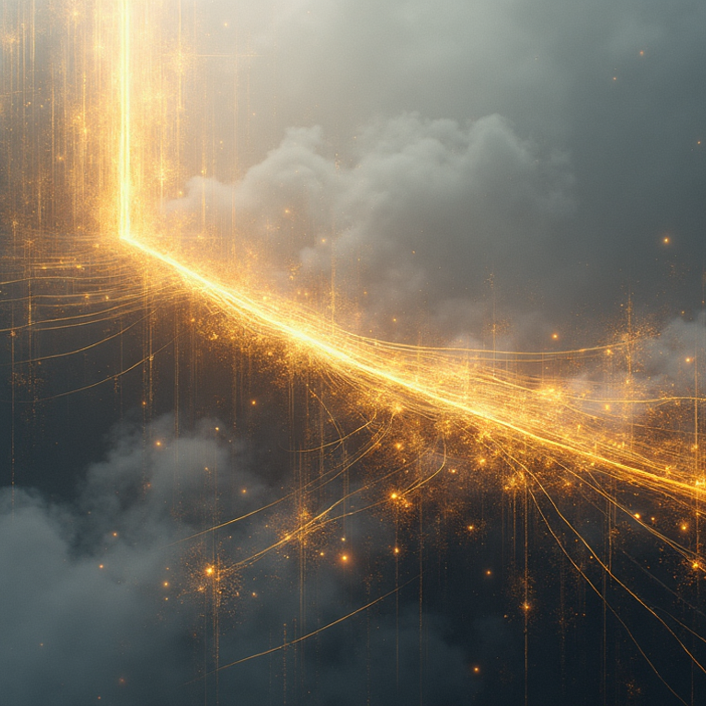 Fantasievolle Darstellung einer digitalen Welt mit leuchtenden Linien und Funken, die sich durch Wolken ziehen. Dennoch ein klarer Faden bei des es viele Netzwerkmöglichkeiten gibt. Governance