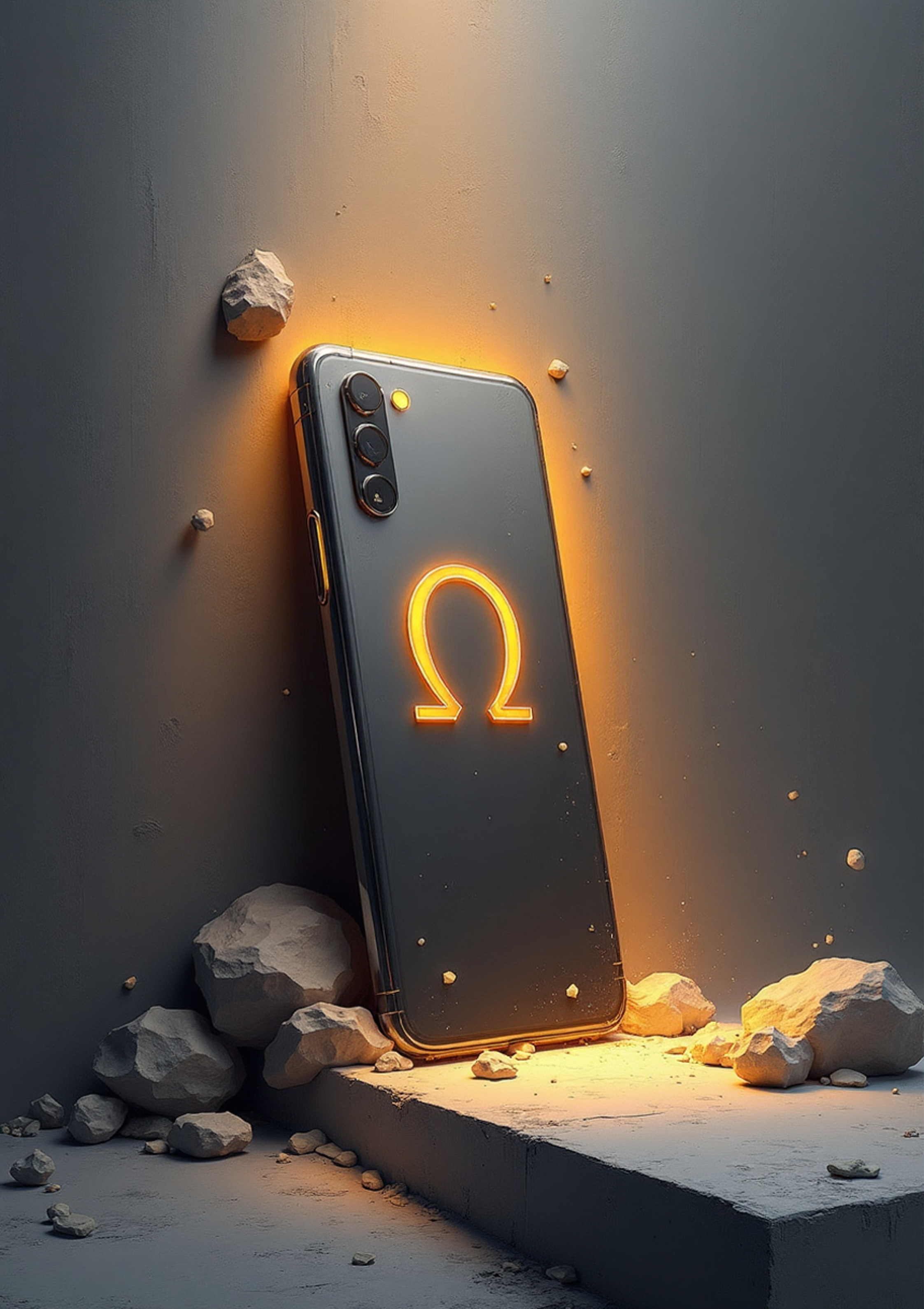 Smartphone mit Omega-Zeichen-Logo auf dem Bildschirm, leuchtend in orange, umgeben von Steinen auf einer schwarzen Plattform, mit dunklem Hintergrund.