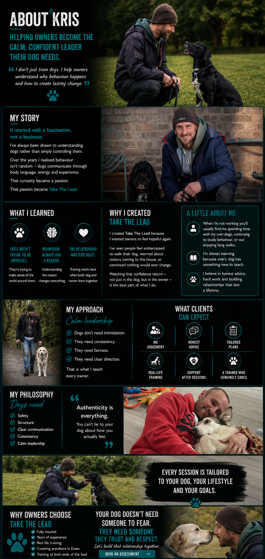 Informational infographic featuring Kris with dogs, describing his approach to dog training, philosophy, and client services, including images of Kris training dogs in outdoor and indoor settings, and close-ups of dogs and owners.