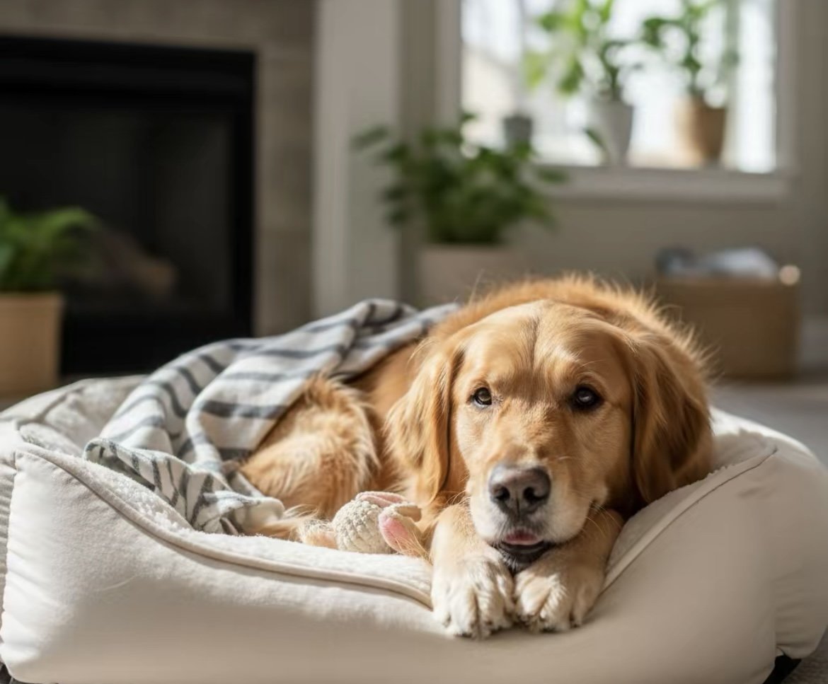 A golden retriever dog in relax calm submissive state