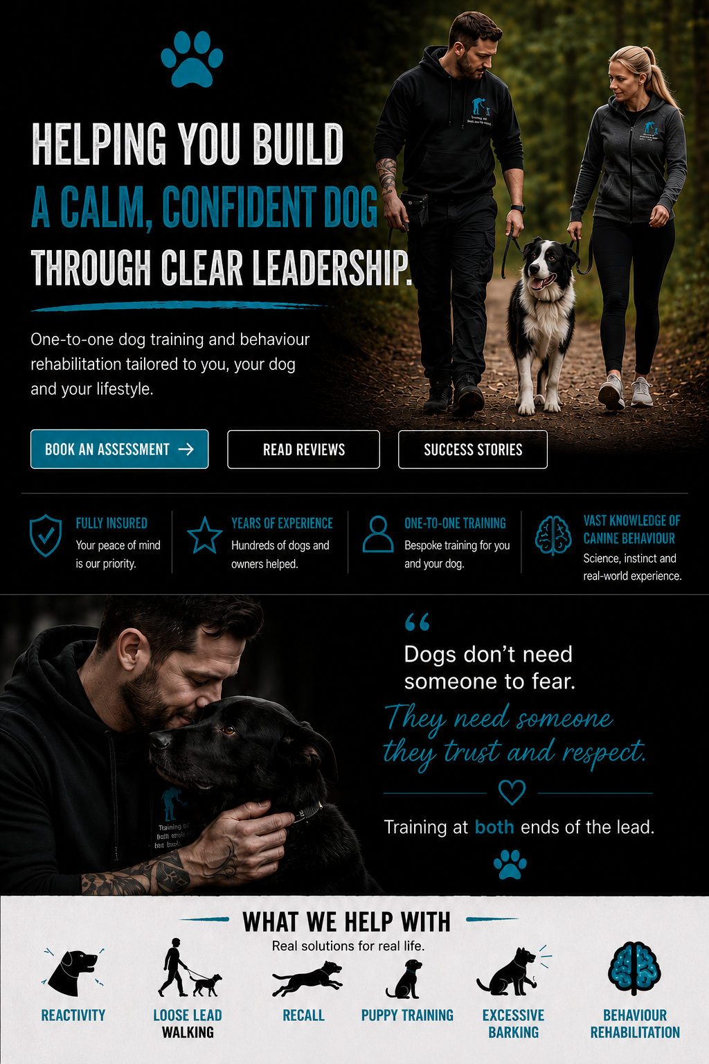 A promotional poster for dog training services. It features a man and woman walking with a dog in a forest, and a close-up of a man petting a black dog. Text highlights building confident, calm dogs through personalized training, experience, and knowledge of canine behavior.