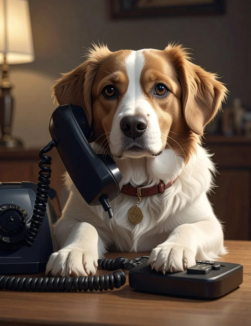 A dog talking on the telephone