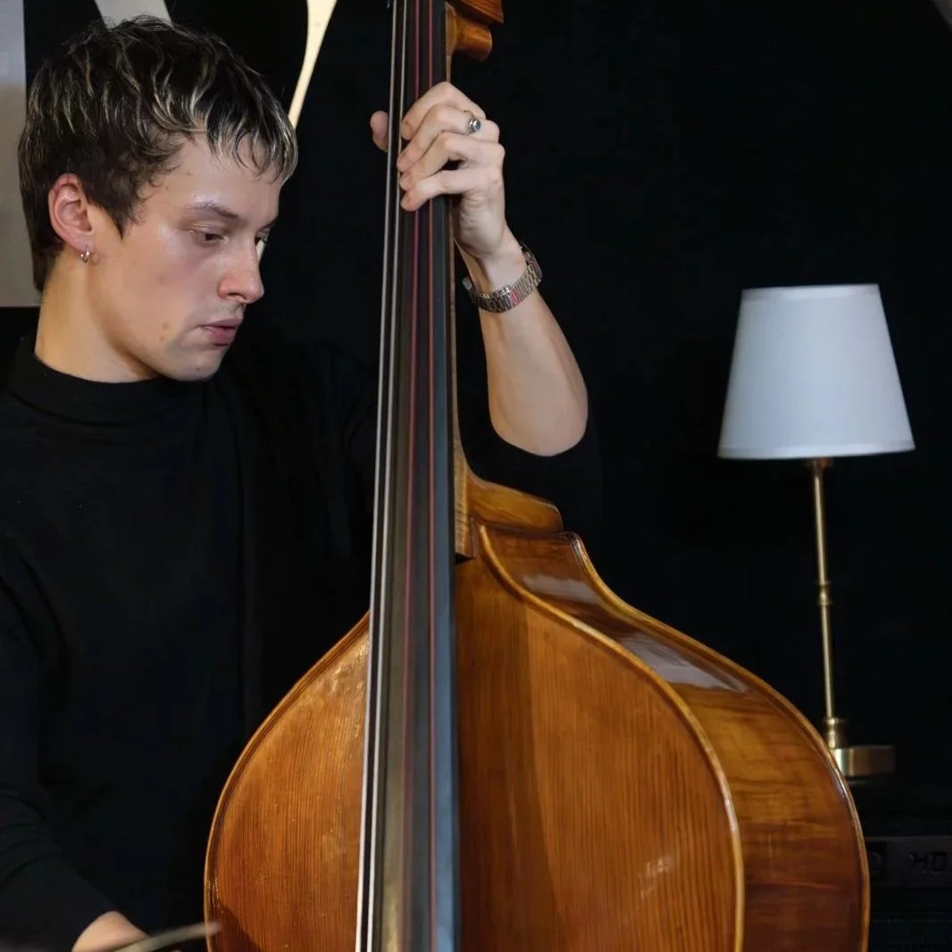A person playing a double bass, with a lamp in the background.