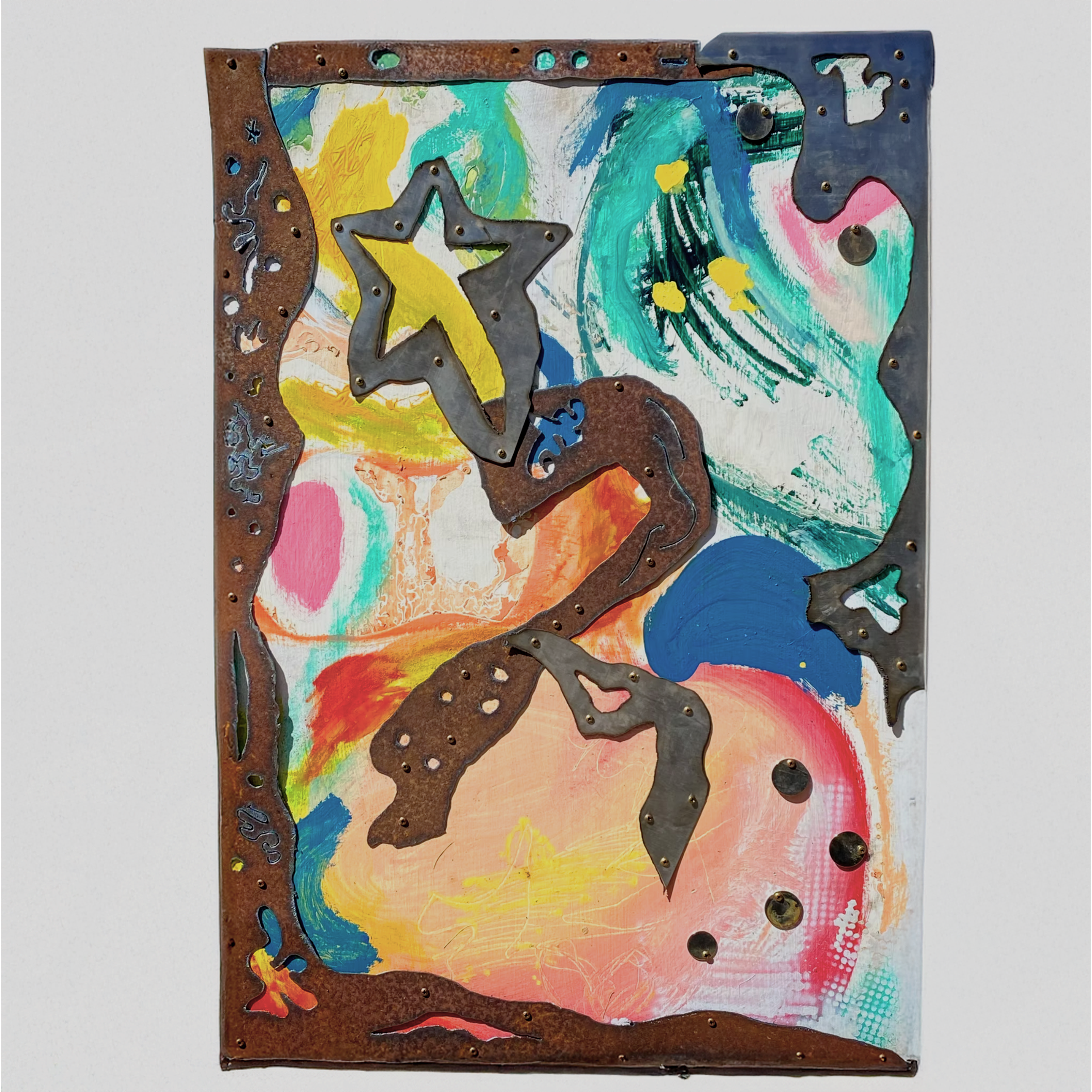 Mixed media art piece featuring a rusted metal frame with cutouts, over a colorful, abstract painted background with swirling shapes and various colors.