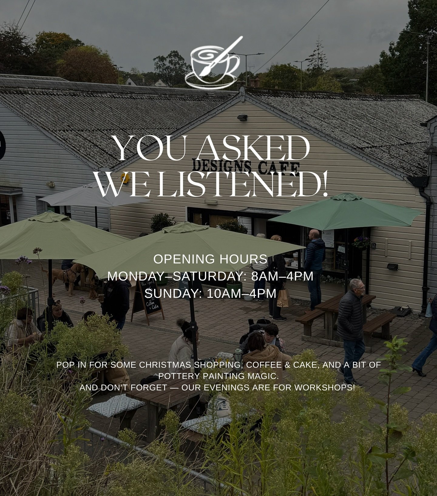 We&rsquo;re so excited to announce that as of today we&rsquo;ll be open 7 days a week in the lead up to Christmas 🎄 

Opening Hours
Monday-Saturday: 8am-4pm
Sunday: 10am-4pm

Pop in for some Christmas shopping, coffee, snacks and a bit of pottery pa