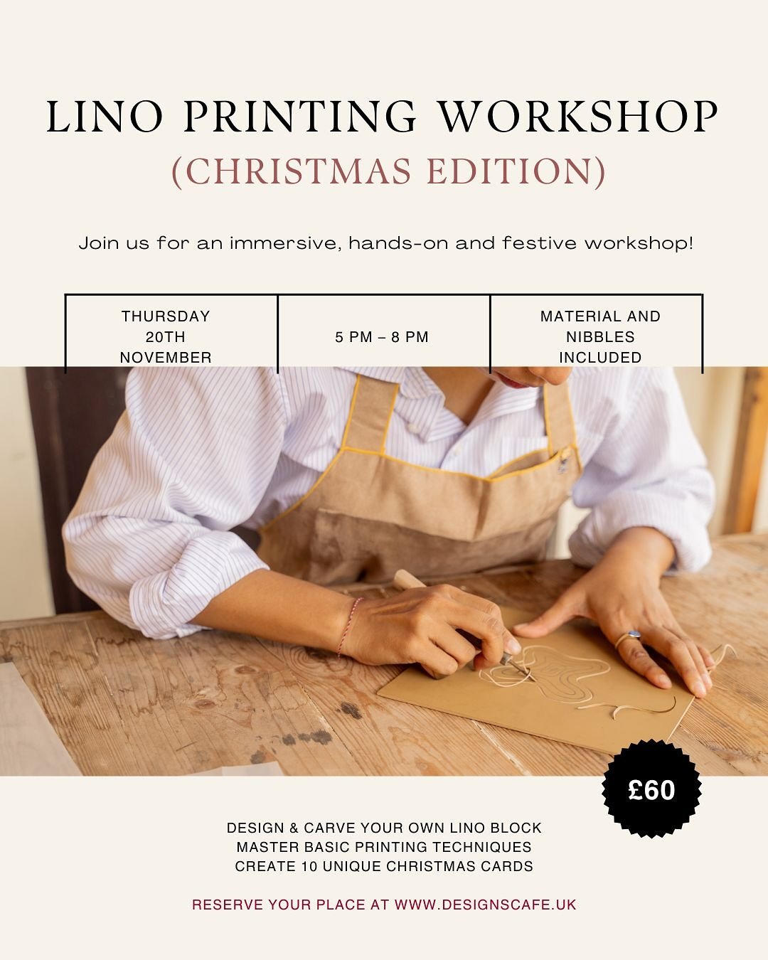 OUR FIRST WORKSHOP AT DESIGNS CAFE ✨

Join local artist Kath for a creative and hands-on Lino printing workshop &mdash; perfect for both first-timers and experienced makers! 

By the end of the session, you&rsquo;ll have designed and printed 10 Chris