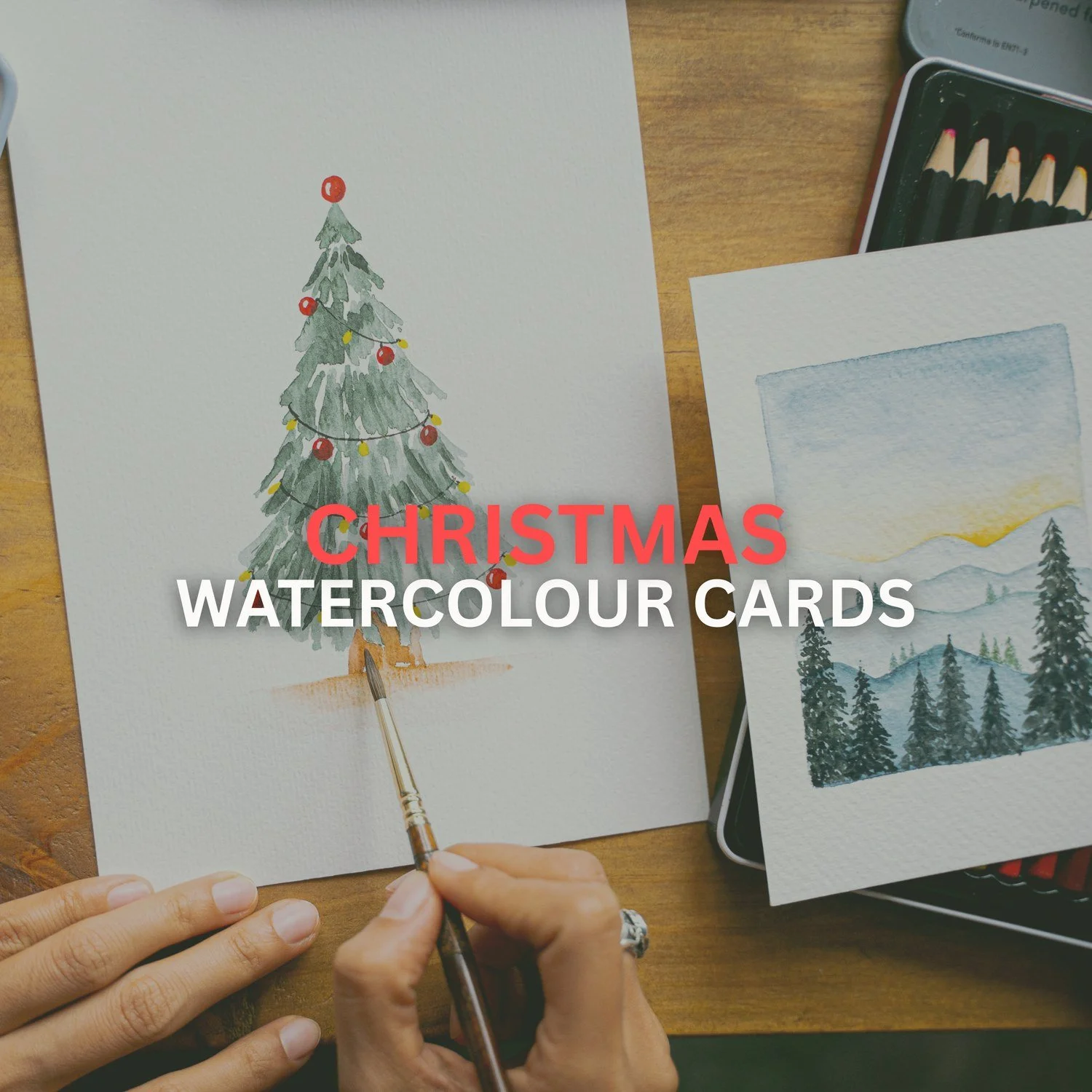 Christmas Watercolour Cards workshop at Designs Café: painting a watercolour Christmas tree card