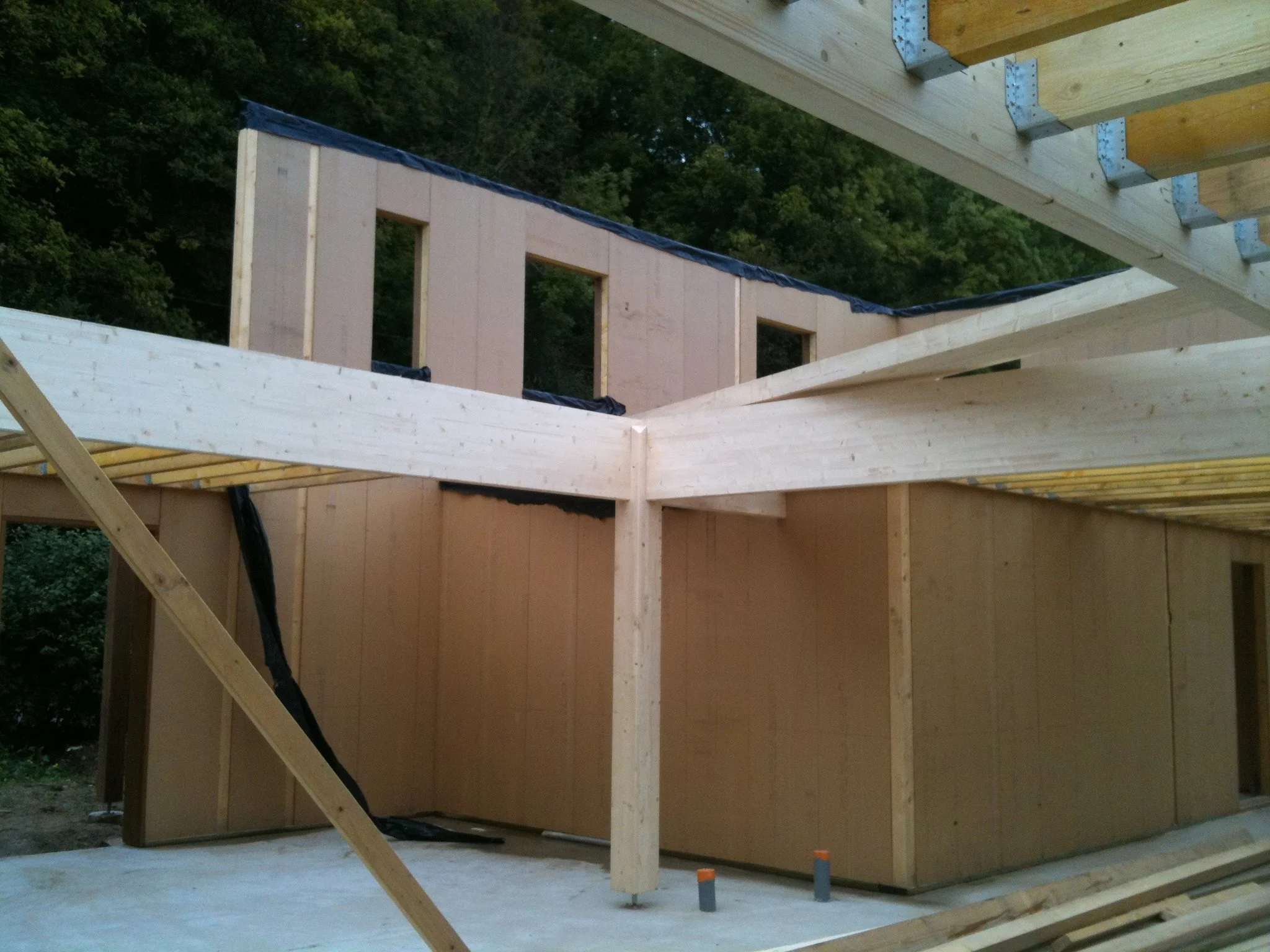 Construction en cours d'une maison en bois avec murs en panneau, structure en bois apparente, et fenêtres encadrées. Le bâtiment est entouré d'arbres.