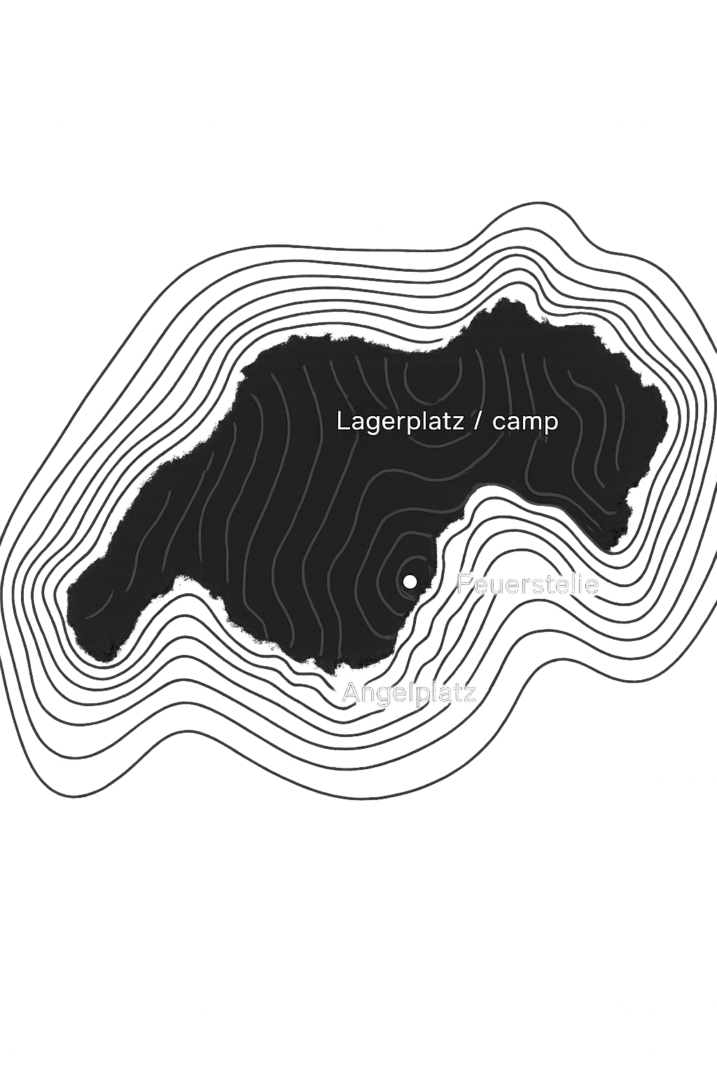 Topografische Karte eines Sees mit den Bereichen Lagerplatz, Feuerstelle und Angelplatz