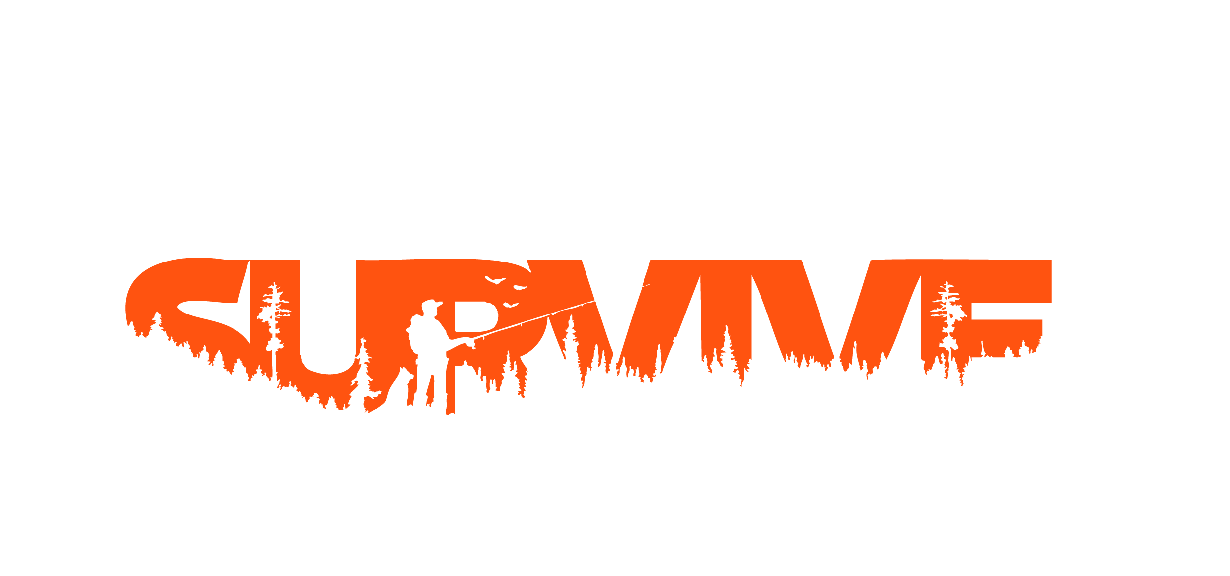 Ein schwarzer Hintergrund mit dem Text "CATCH TO SUMME" darüber. Das Wort "SUMME" ist in großen, orangefarbenen Buchstaben, die eine Silhouette eines Waldes mit Bäumen, einem Fischer, der mit einer Angel fischt, und fliegenden Vögeln enthalten.