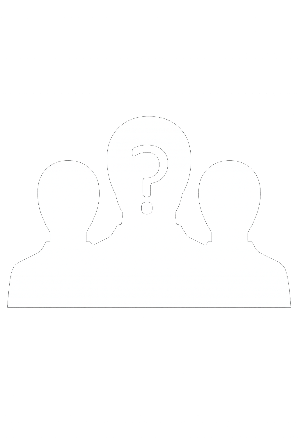 Silhouetten von drei Personen, eine in der Mitte mit einem Fragezeichen im Kopfbereich.