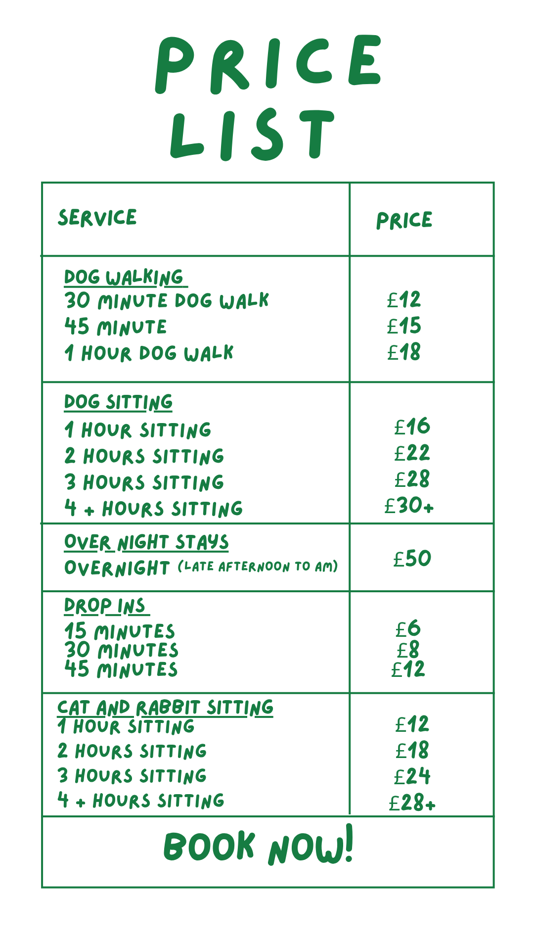 Price list for dog walking, sitting, overnight stays, drop-ins, and cat and rabbit sitting services, with prices in pounds.