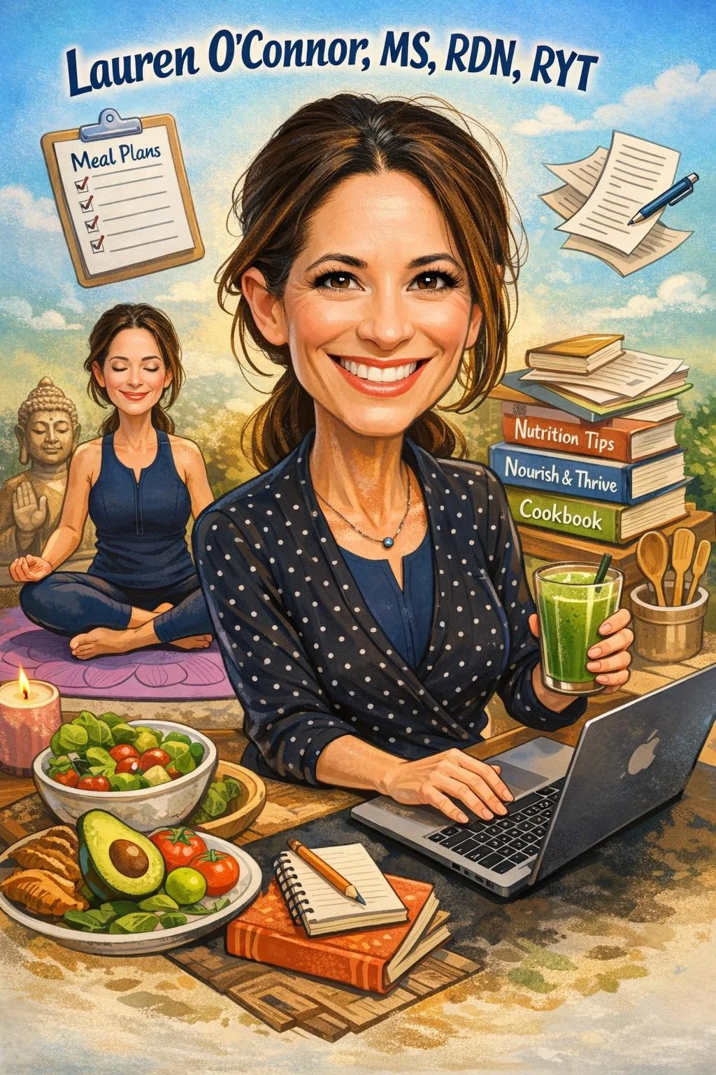 What do you think &mdash; did ChatGPT capture my essence in this caricature?
.
Yoga &mdash; for sure! I teach and practice several times a week.
.
At my computer &mdash; yep. Whether I&rsquo;m seeing patients via telehealth or writing, that&rsquo;s w