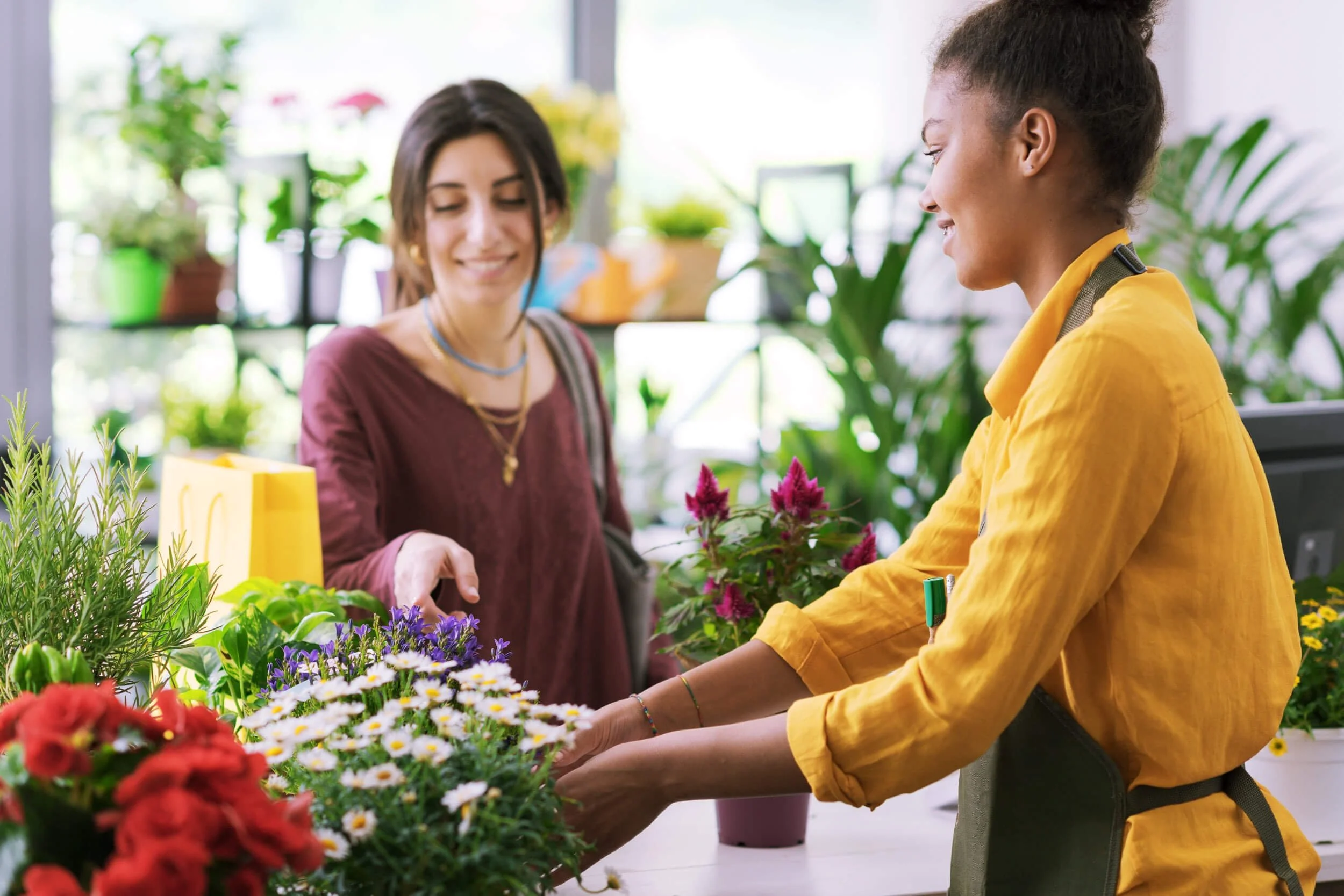 A woman in a purple top shopping for flowers at a greenhouse or floral shop, where a florist in a yellow shirt is helping her with the flowers, surrounded by various colorful plants and flowers.