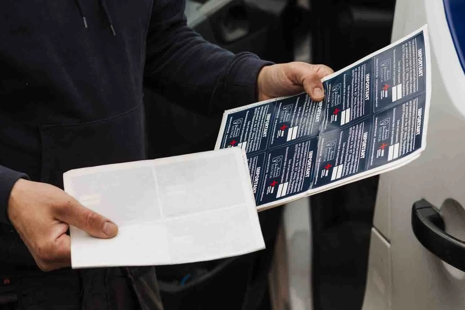 Person holding electrical safety information flyers in one hand and a blank flyer in the other hand, near a tradesmans van.