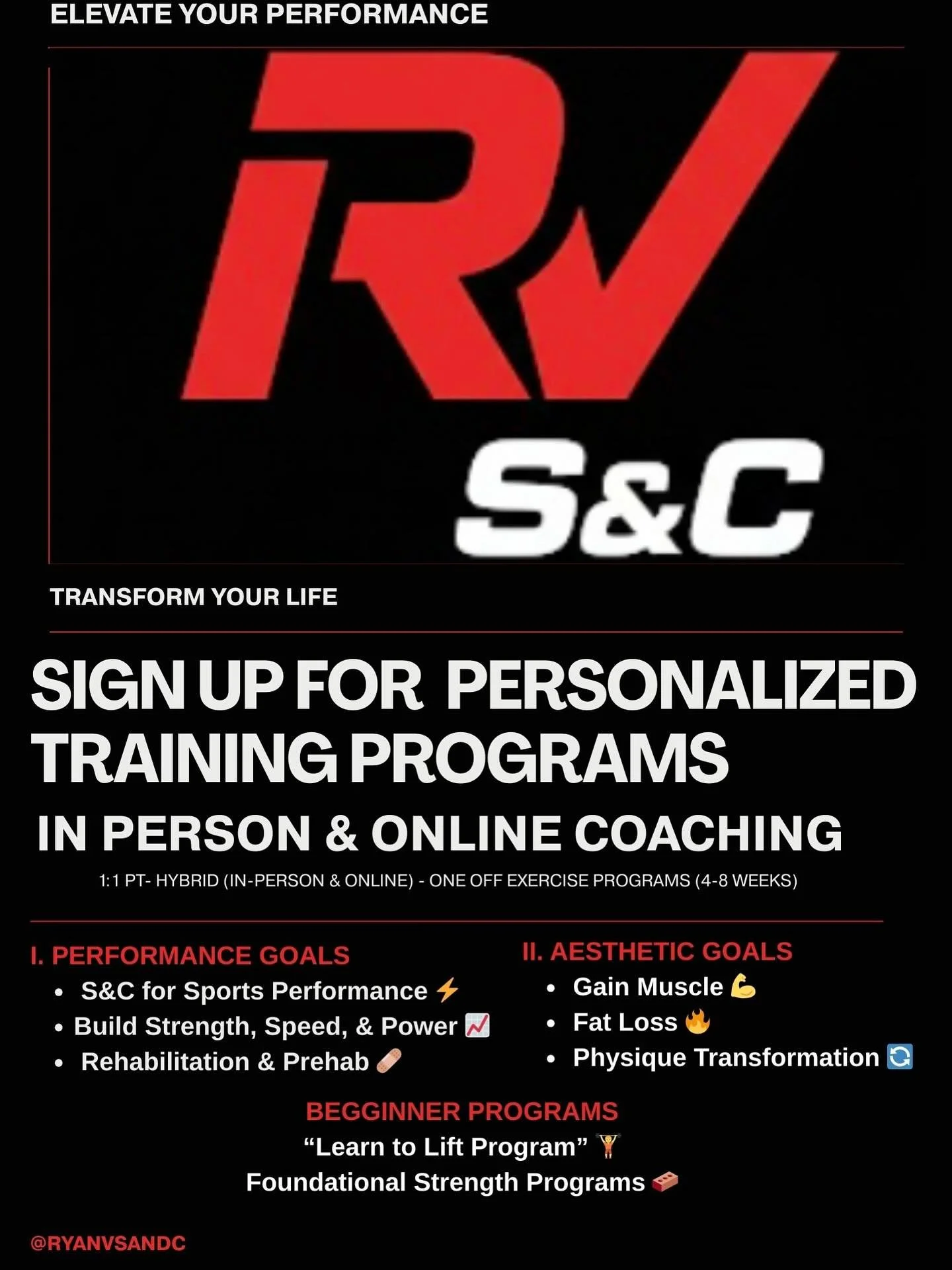 RV S&amp;C IS OFFICIALLY LIVE! ⚫️🔴 It&rsquo;s time to stop guessing in the gym and start training with a purpose⚡️
I bring professional, science-based S&amp;C programming straight to you. Build Muscle, Lose Fat, and Enhance Sports Performance with m