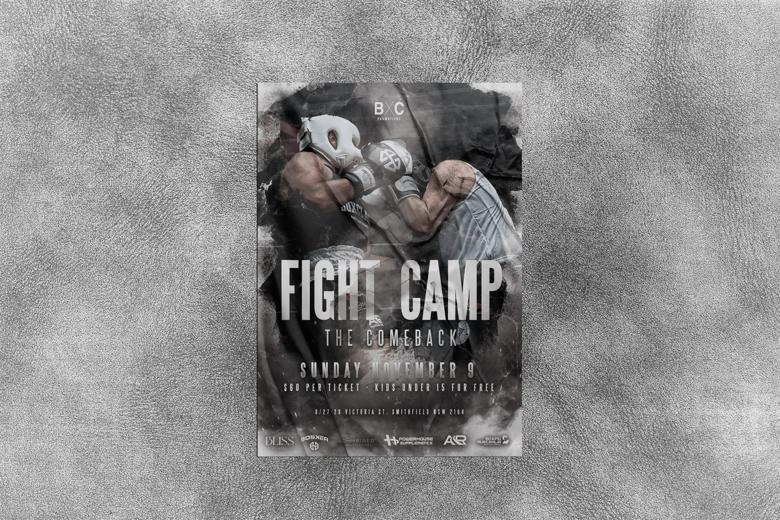 A poster for a fight camp titled 'The Comeback,' featuring two fighters in a clinch, one wearing a white mask and gloves, the other in boxing gloves, with details about the event on a dark, smoky background.
