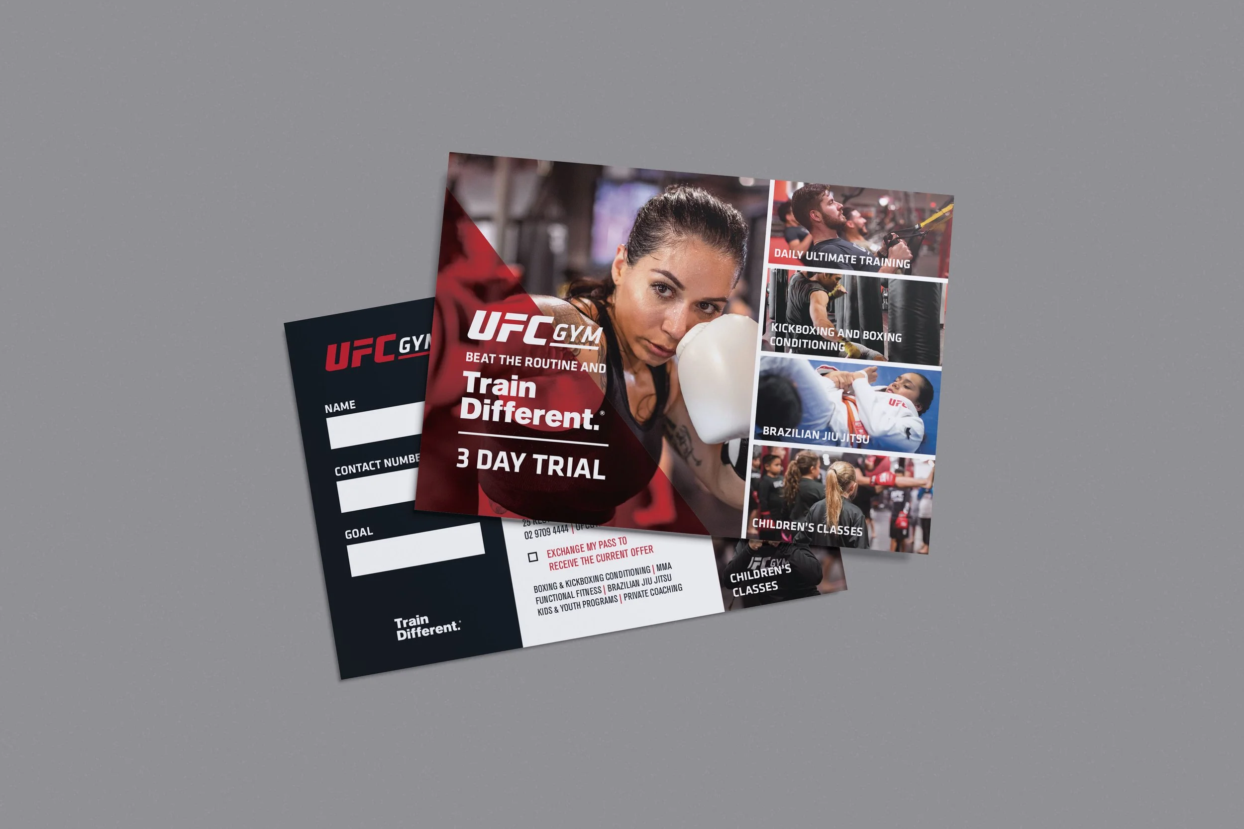 Brochure with UFC Gym branding featuring a woman dressed in boxing gloves, promoting a 3-day trial for fitness and martial arts classes, including kickboxing, Brazilian Jiu-Jitsu, children's classes, and personal coaching.