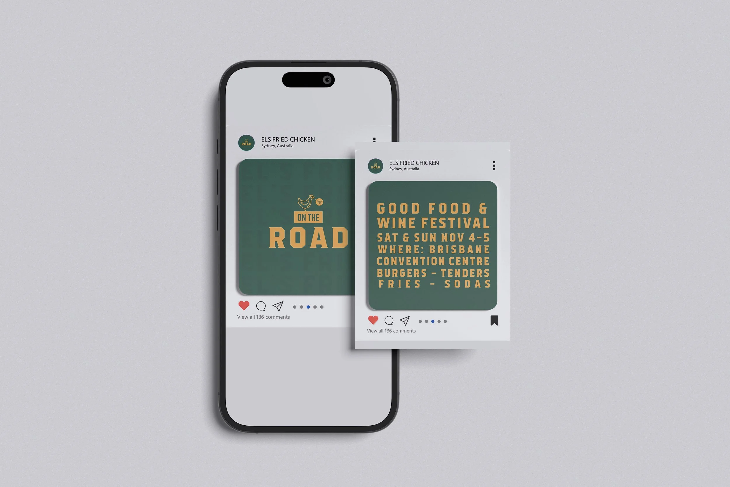 Digital illustration of a smartphone displaying social media posts about a food festival in Brisbane, including the event details and promotional graphics.