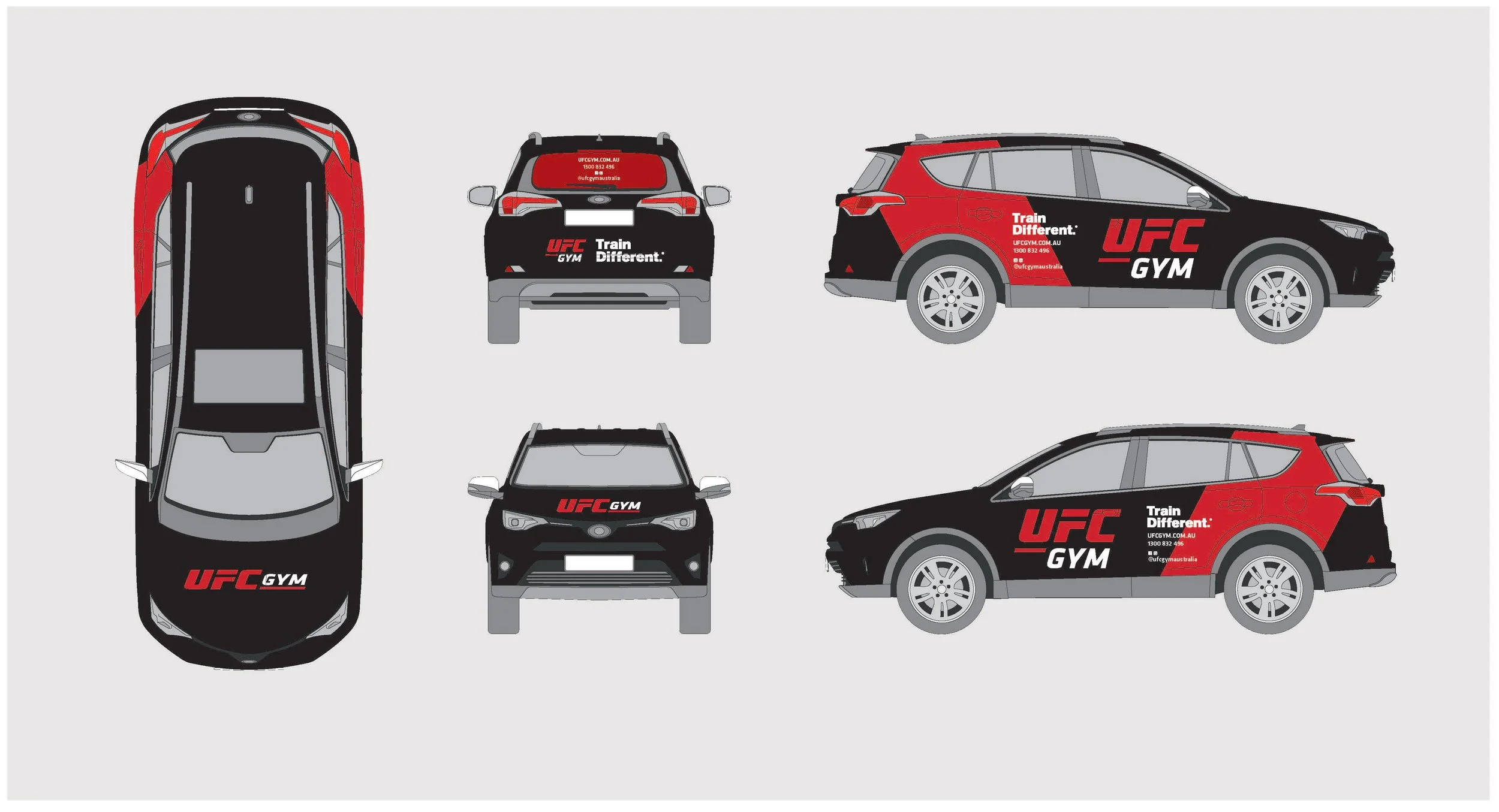 Illustration of a black and red UCF Gym promotional vehicle showing top, front, back, and side views with the UCF Gym logo and slogan 'Train Different'.