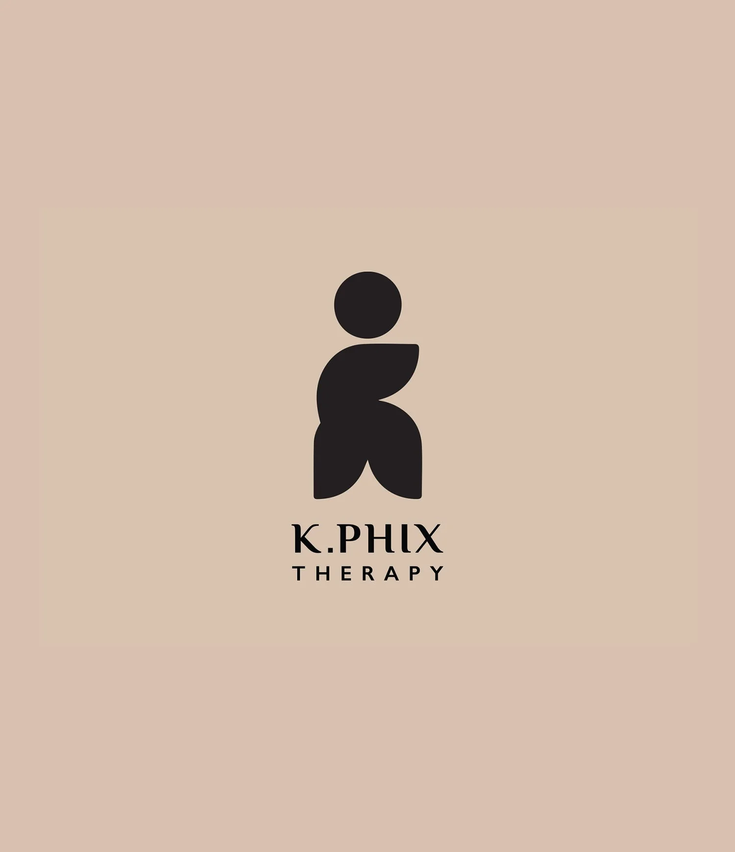 Logo for K.PHIX Therapy featuring a stylized black abstract figure and the words 'K.PHIX Therapy' beneath it on a beige background.