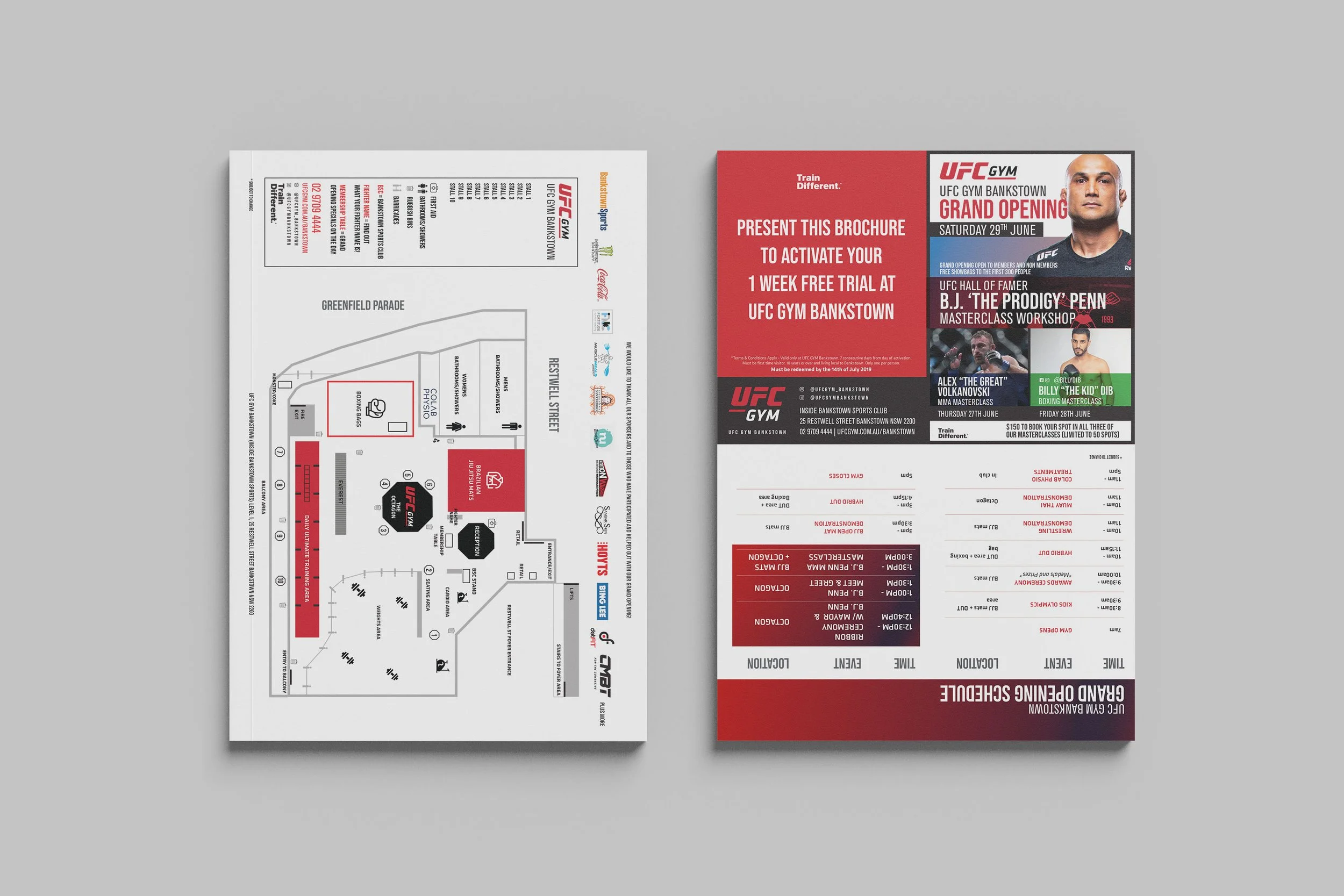 A two-sided UFC gym event flyer. One side shows a detailed map of the UFC gym location, and the other side promotes the grand opening event with scheduled activities, a list of trainers, and entertainment details.