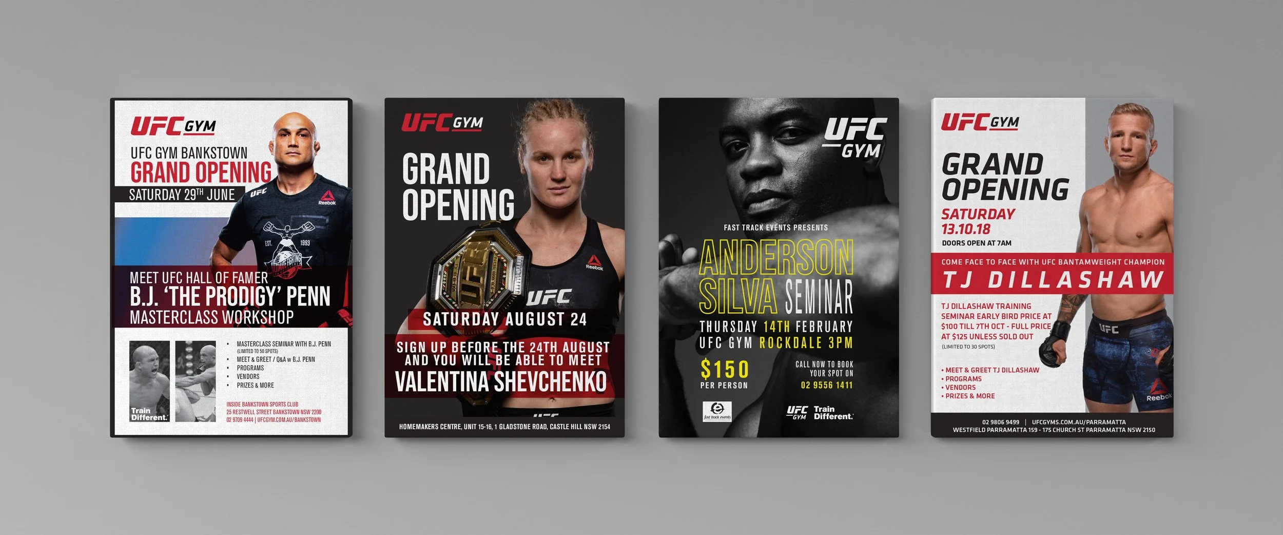 Four UFC gym promotional posters on a gray wall. The first poster announces the grand opening of UFC Gym Bankstown on June 29th with a picture of a bald man in a black shirt. The second poster advertises a grand opening event on August 24th featuring a woman with a championship belt. The third poster promotes a seminar with Anderson Silva on February 14th at UFC Gym Rockdale. The fourth poster advertises a UFC event with TJ Dillashaw on October 13th, showing a shirtless man with hand wraps.