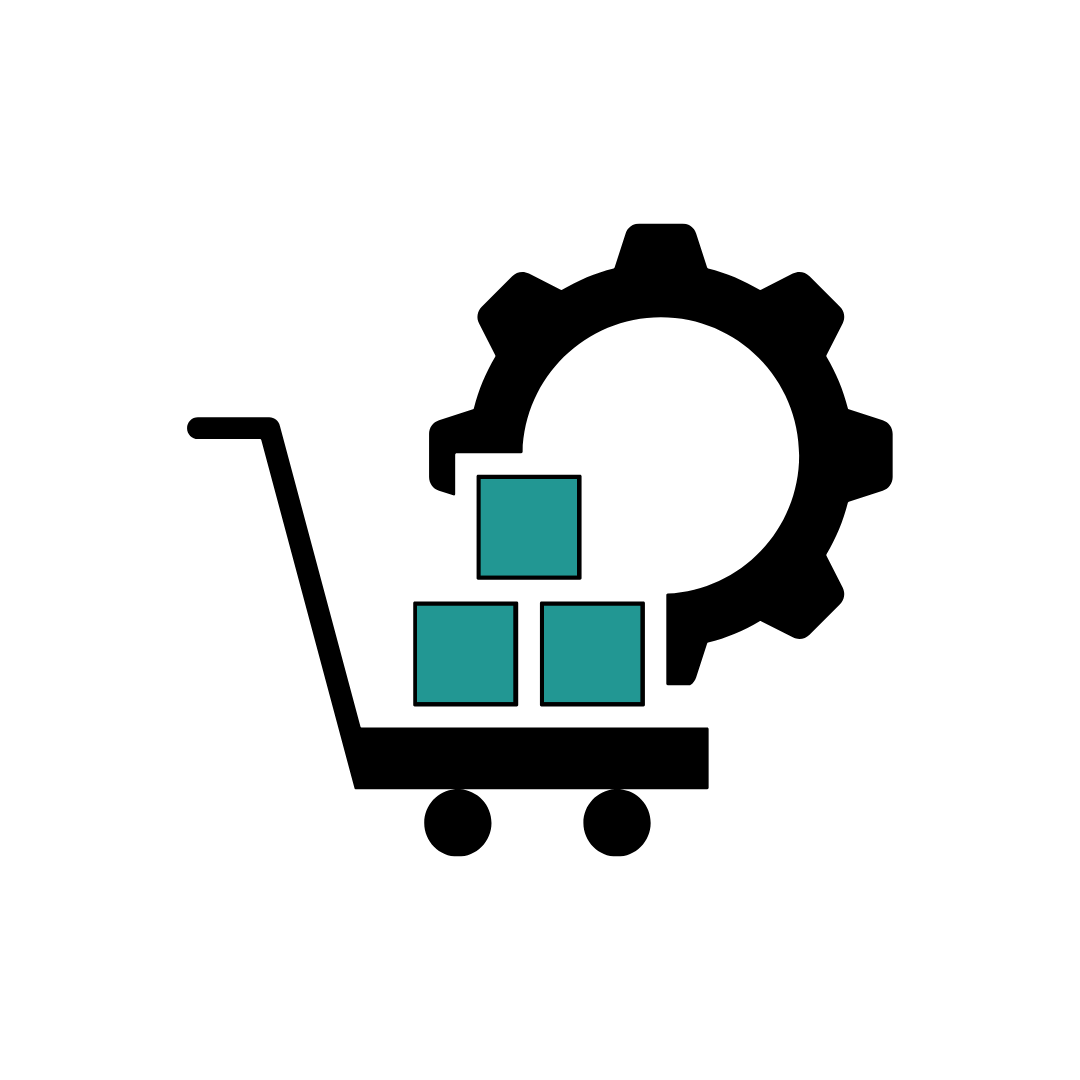 Icon of a shopping cart with three boxes inside, a gear behind it, and a gear in the background.