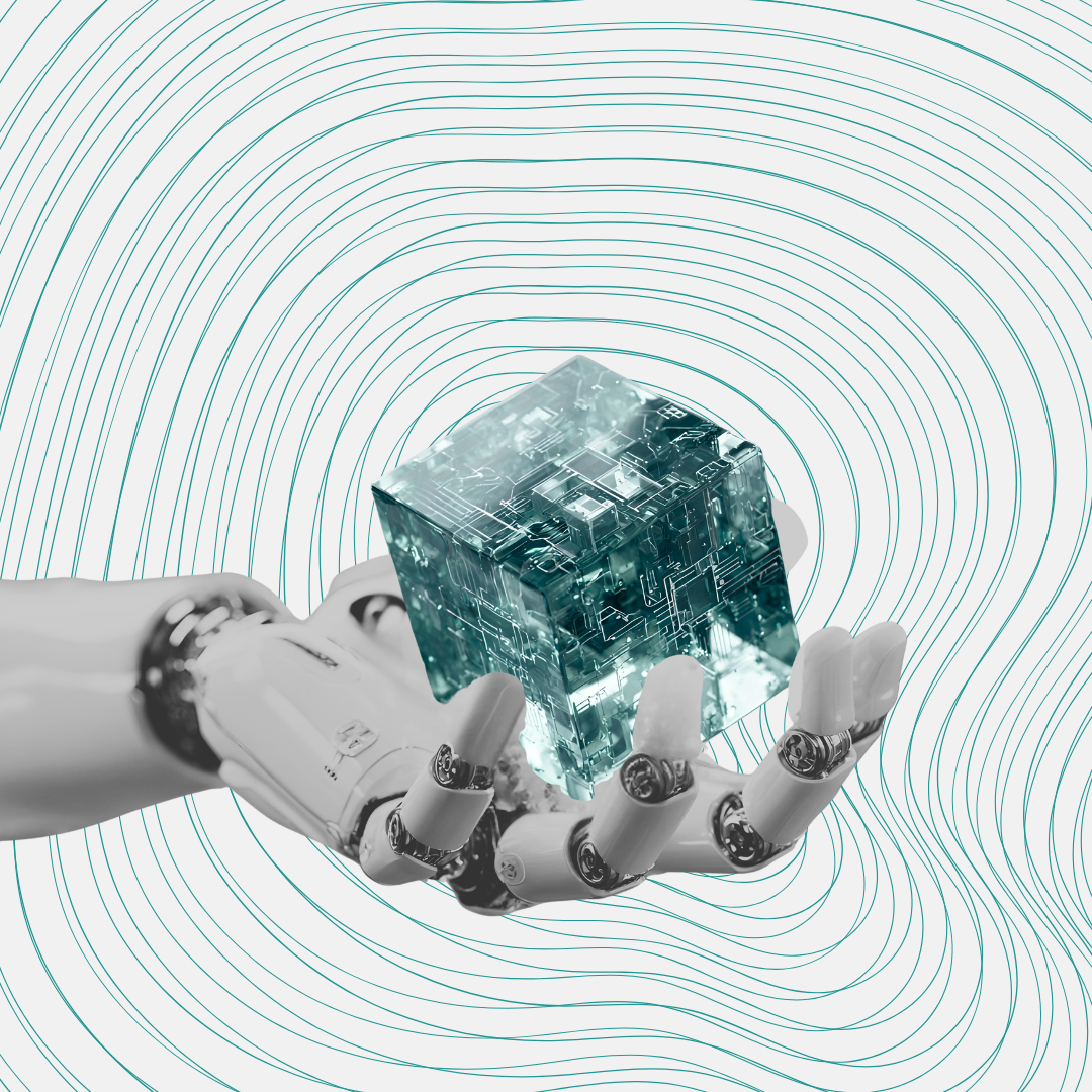A robotic hand holding a transparent circuit board cube against a background of contour lines.